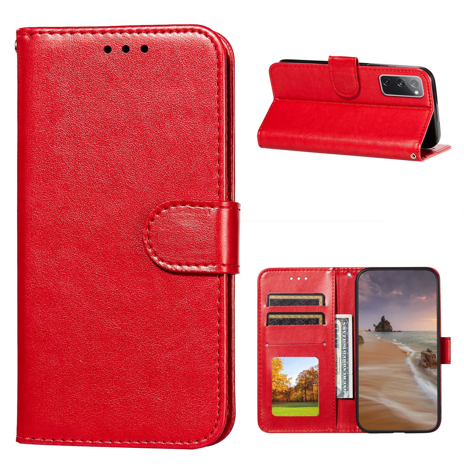 Dual-sided Magnetic Clasp Leather Wallet Stand Phone Case Shell for Samsung Galaxy S20 FE 4G/FE 5G/S20 Lite/S20 FE 2022  -  Red