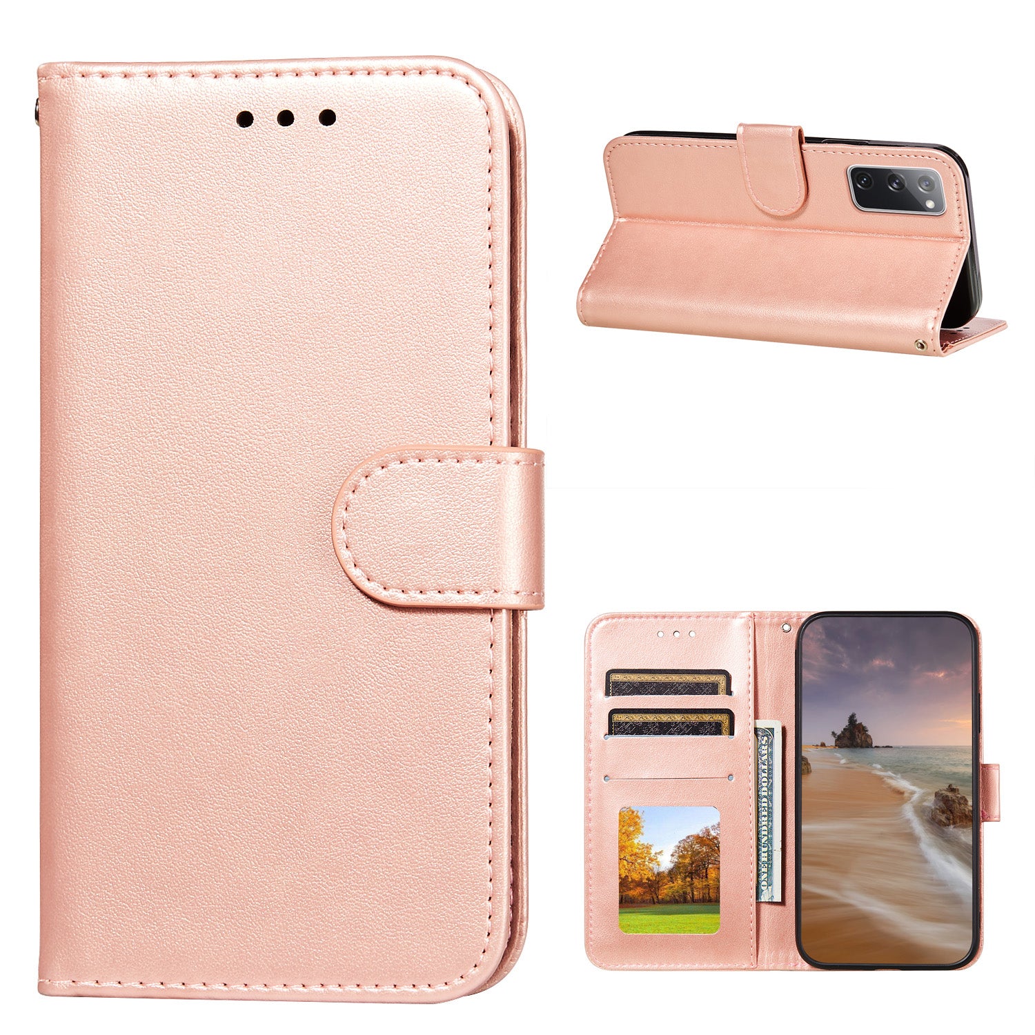 Dual-sided Magnetic Clasp Leather Wallet Stand Phone Case Shell for Samsung Galaxy S20 FE 4G/FE 5G/S20 Lite/S20 FE 2022  -  Rose Gold