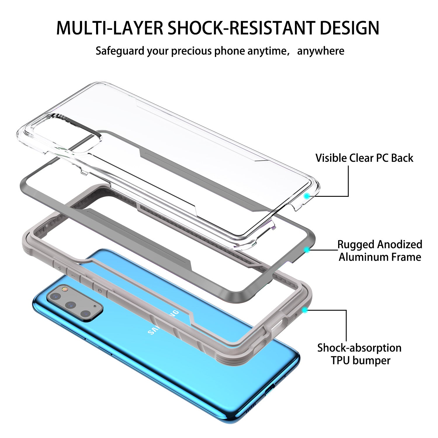 Drop-proof Anti-slip PC + TPU + Metal Hybrid Cover Phone Protective Shell for Samsung Galaxy S20 Plus - White