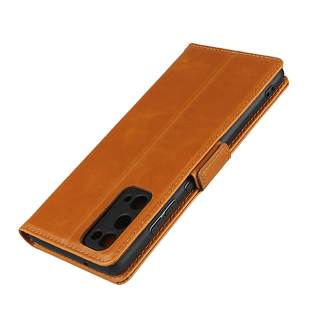 Magnetic Clasp Design Genuine Leather Phone Wallet Stand Case for Samsung Galaxy S20 FE/S20 Fan Edition/S20 FE 5G/S20 Fan Edition 5G/S20 Lite - Brown