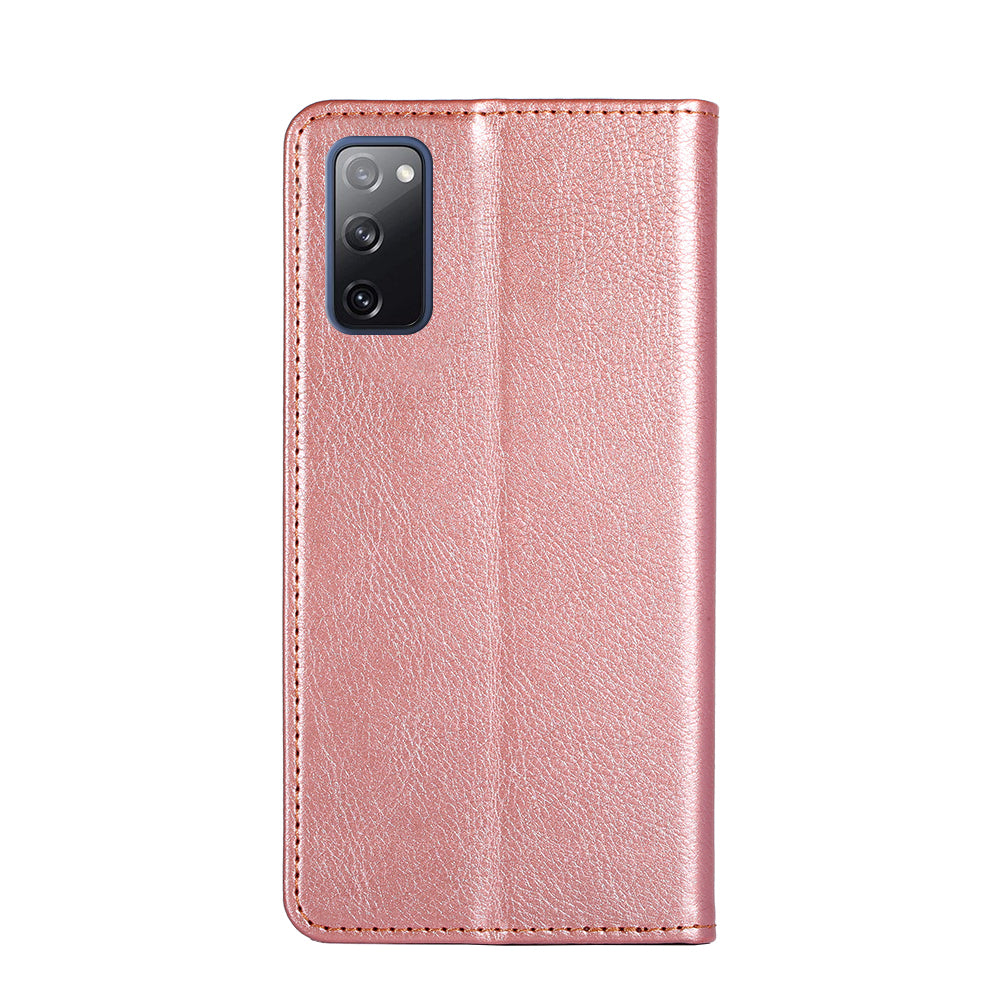 Plain Auto-Absorbed Leather Phone Wallet Stand Case for Samsung Galaxy S20 FE/S20 Fan Edition/S20 FE 5G/S20 Fan Edition 5G/S20 Lite - Rose Gold