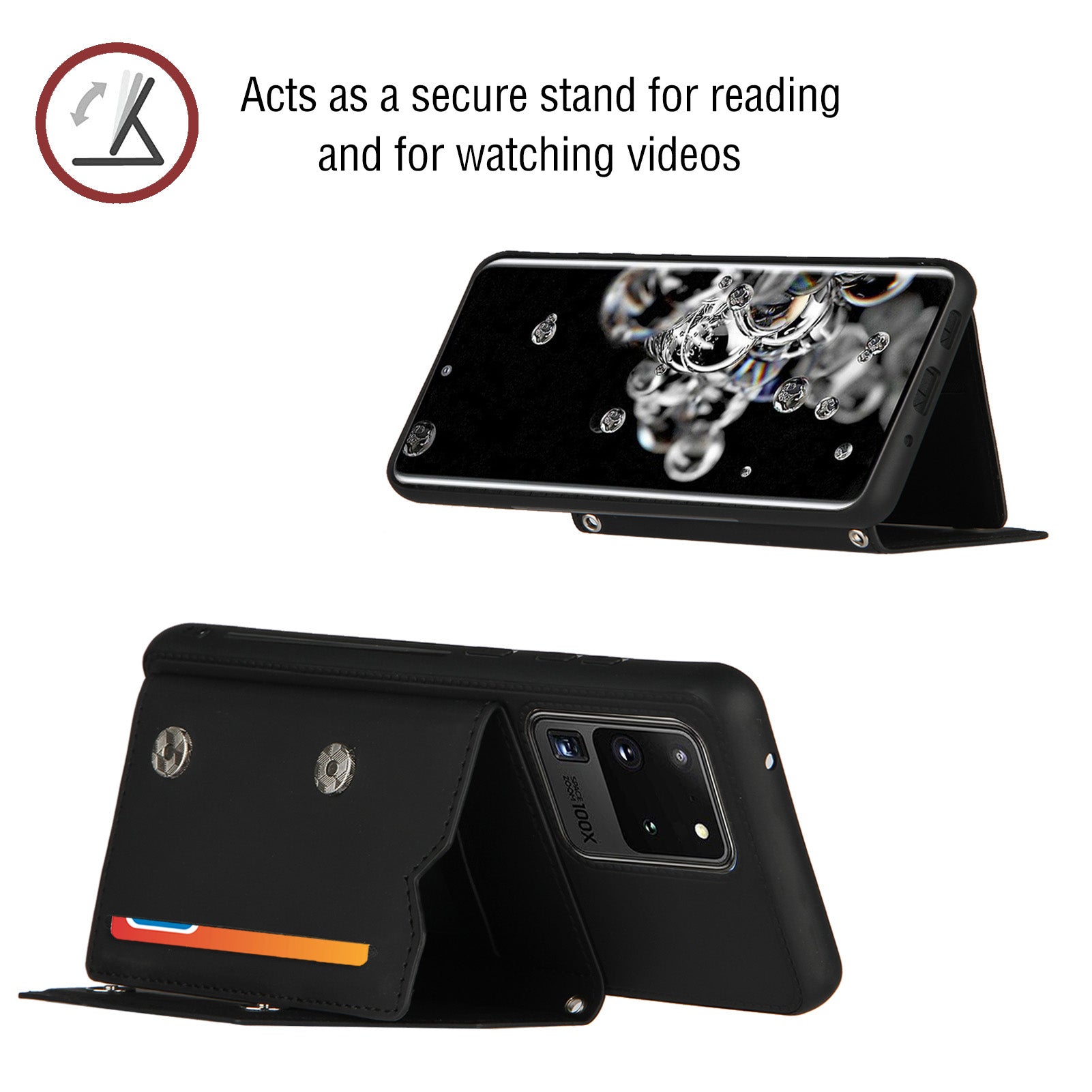 Stand Card Holder Rubberized Leather Skin TPU Phone Case for Samsung Galaxy S20 Ultra - Black