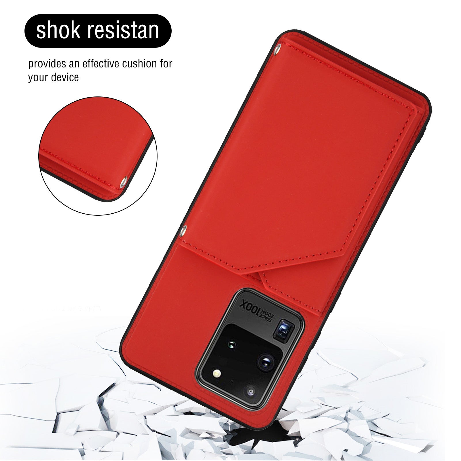 Stand Card Holder Rubberized Leather Skin TPU Phone Case for Samsung Galaxy S20 Ultra - Red