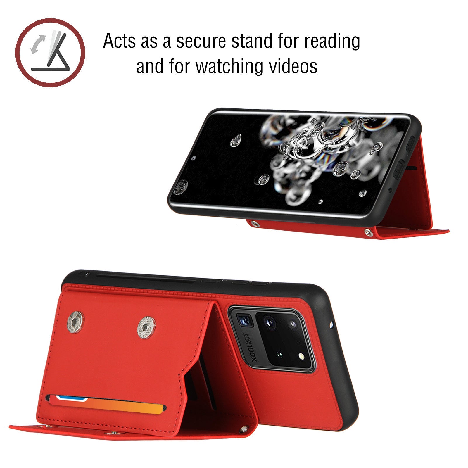 Stand Card Holder Rubberized Leather Skin TPU Phone Case for Samsung Galaxy S20 Ultra - Red