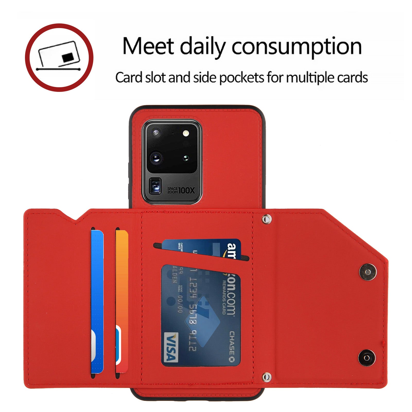 Stand Card Holder Rubberized Leather Skin TPU Phone Case for Samsung Galaxy S20 Ultra - Red