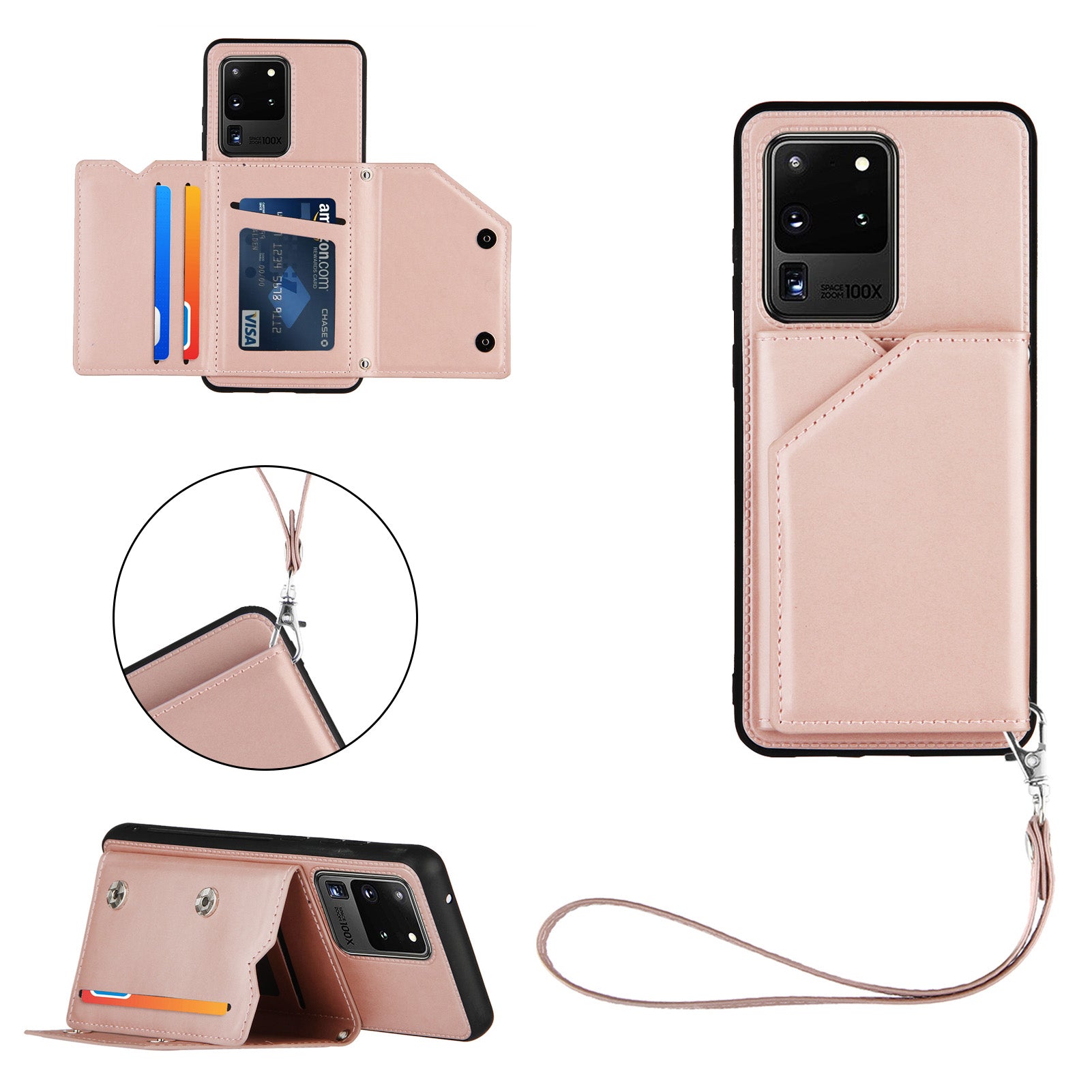 Stand Card Holder Rubberized Leather Skin TPU Phone Case for Samsung Galaxy S20 Ultra - Rose Gold