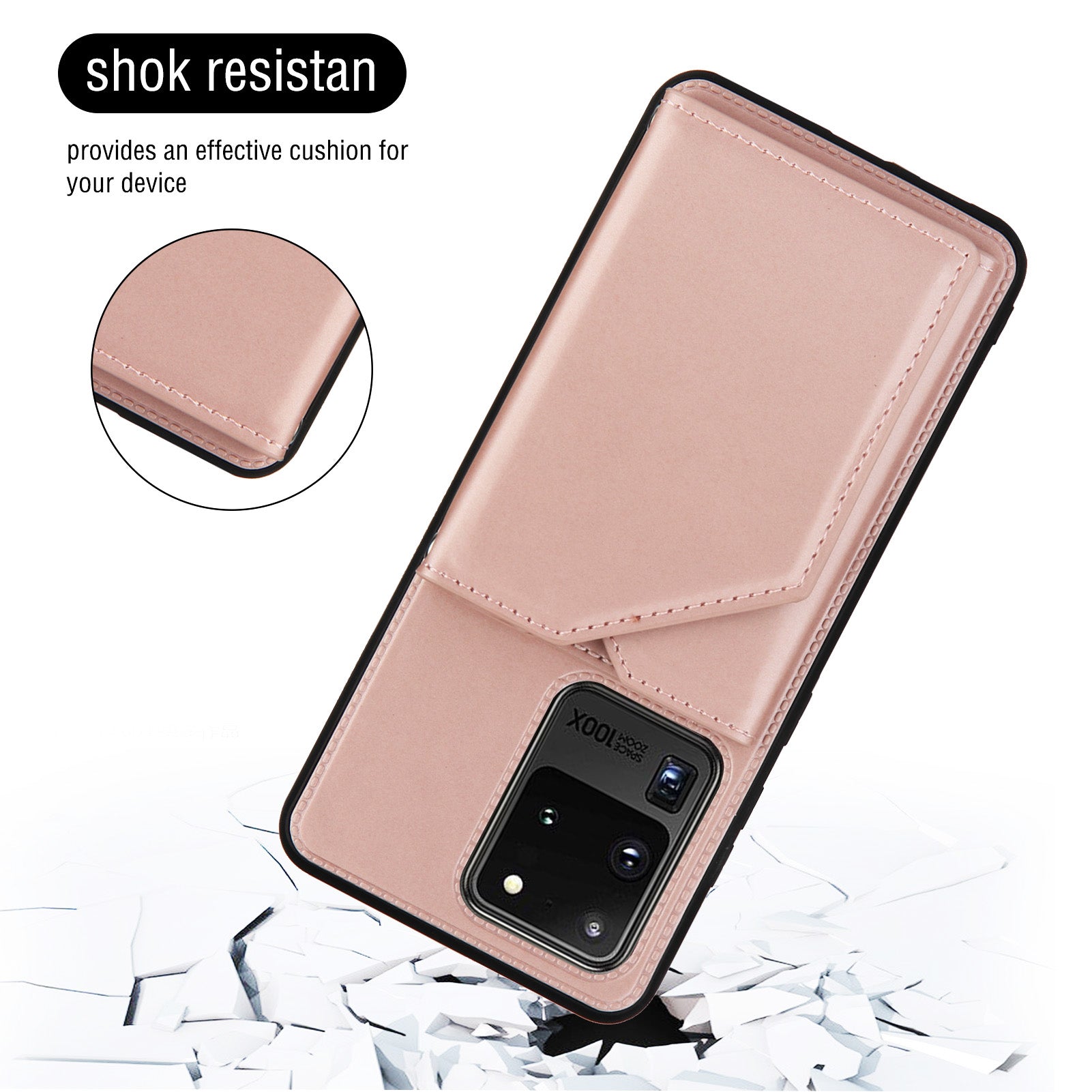 Stand Card Holder Rubberized Leather Skin TPU Phone Case for Samsung Galaxy S20 Ultra - Rose Gold