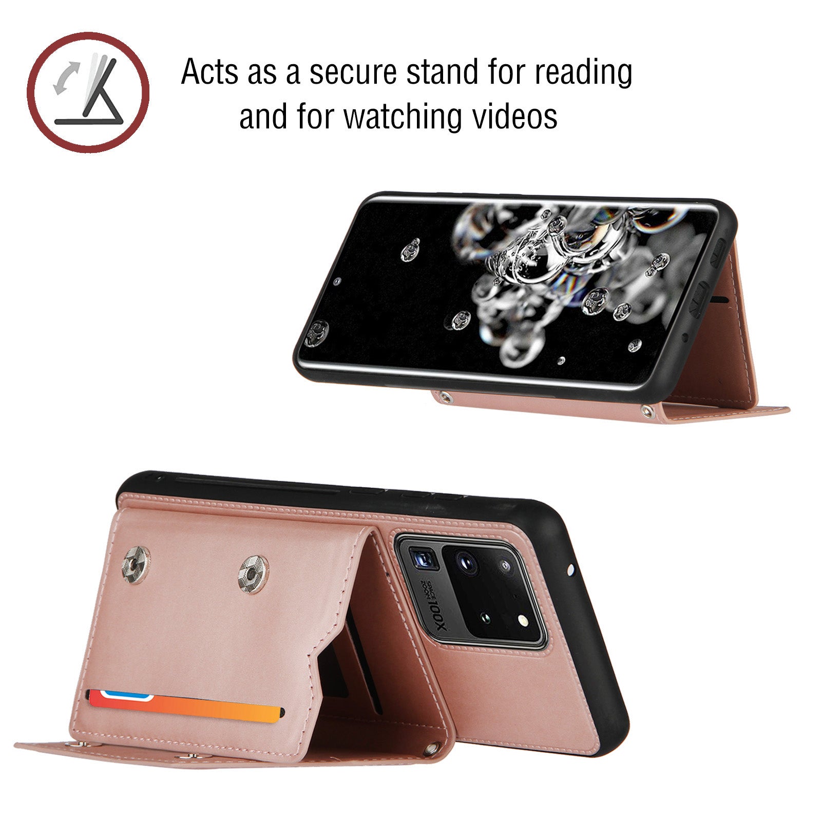 Stand Card Holder Rubberized Leather Skin TPU Phone Case for Samsung Galaxy S20 Ultra - Rose Gold