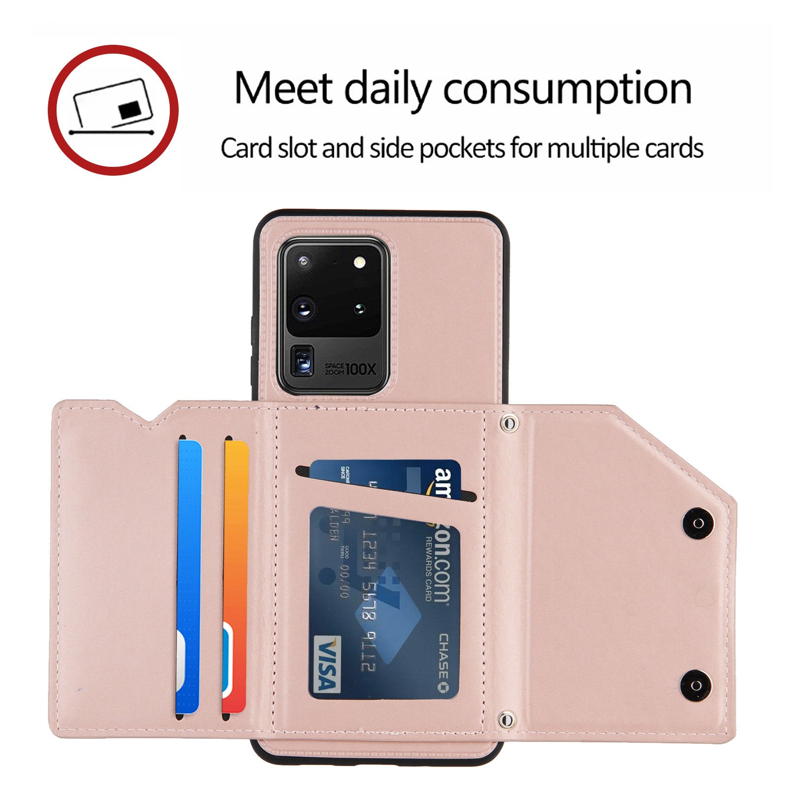 Stand Card Holder Rubberized Leather Skin TPU Phone Case for Samsung Galaxy S20 Ultra - Rose Gold