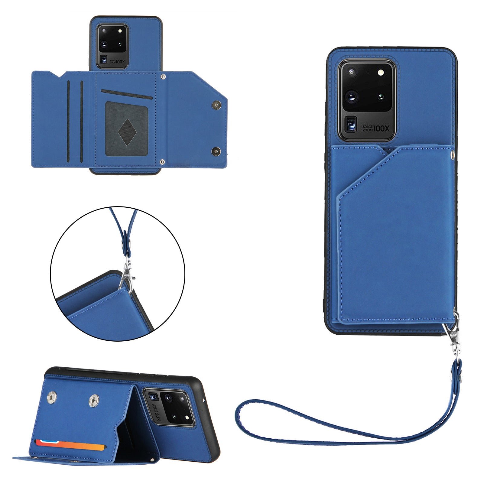 Stand Card Holder Rubberized Leather Skin TPU Phone Case for Samsung Galaxy S20 Ultra - Blue