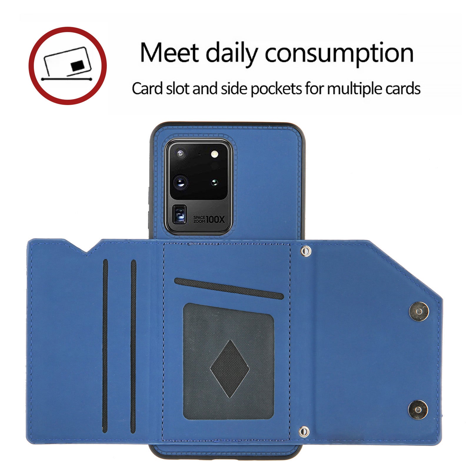 Stand Card Holder Rubberized Leather Skin TPU Phone Case for Samsung Galaxy S20 Ultra - Blue