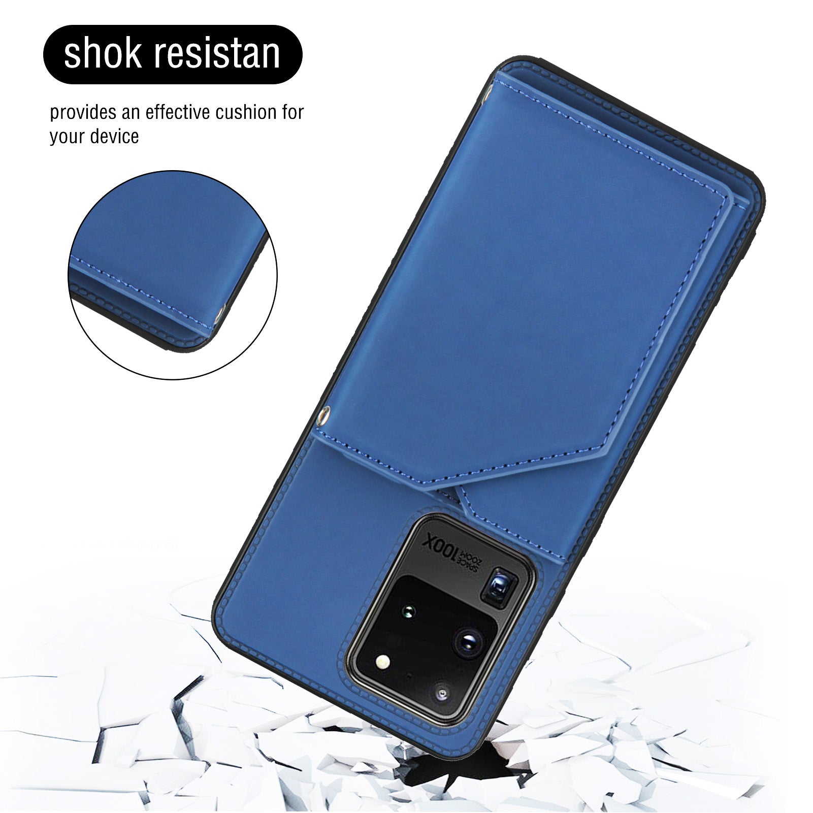 Stand Card Holder Rubberized Leather Skin TPU Phone Case for Samsung Galaxy S20 Ultra - Blue