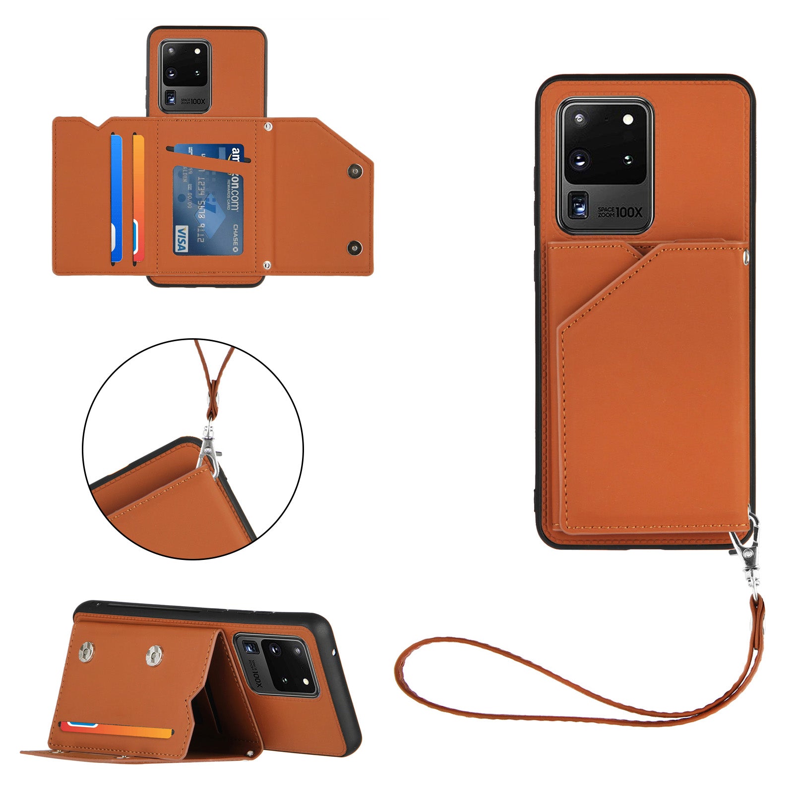 Stand Card Holder Rubberized Leather Skin TPU Phone Case for Samsung Galaxy S20 Ultra - Brown