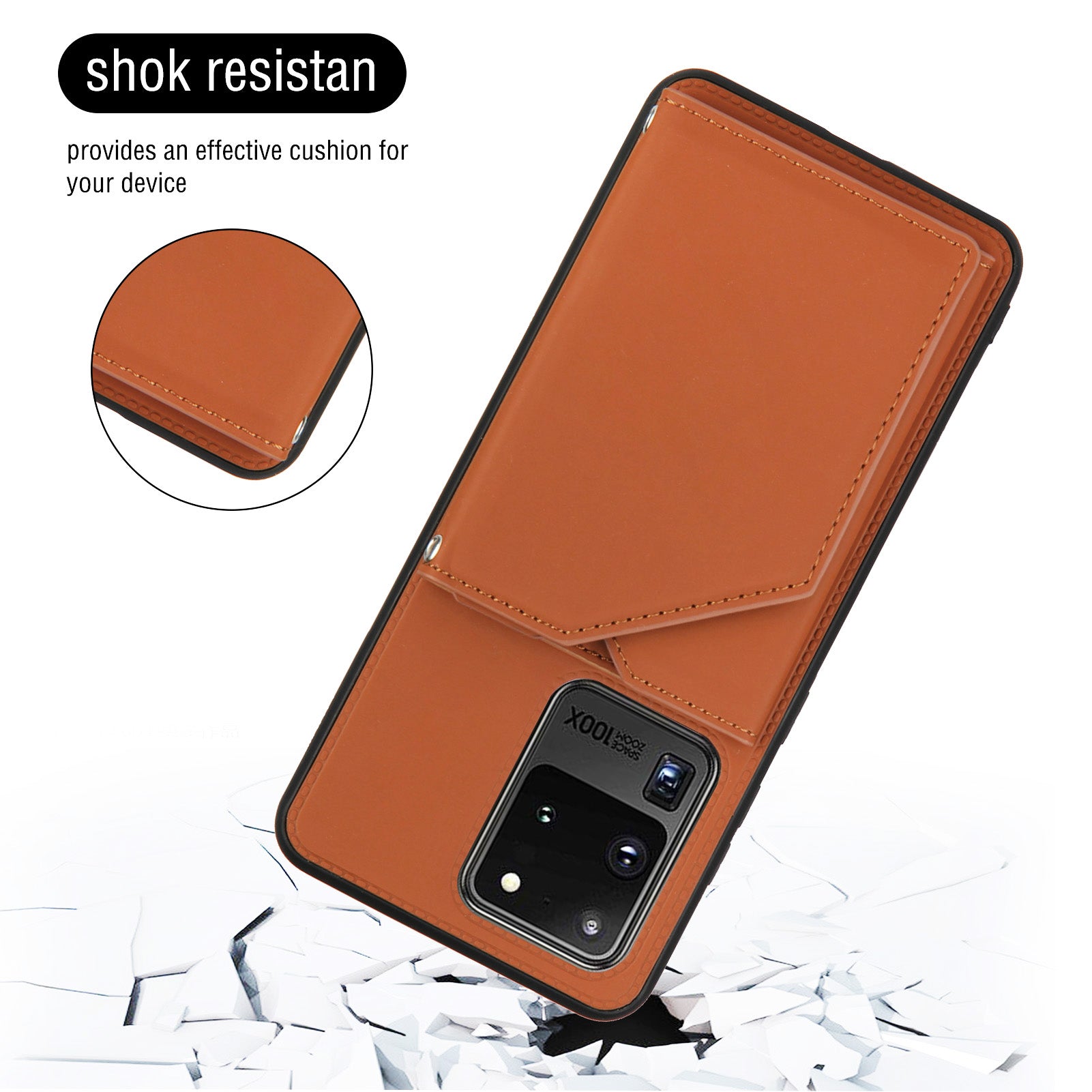 Stand Card Holder Rubberized Leather Skin TPU Phone Case for Samsung Galaxy S20 Ultra - Brown