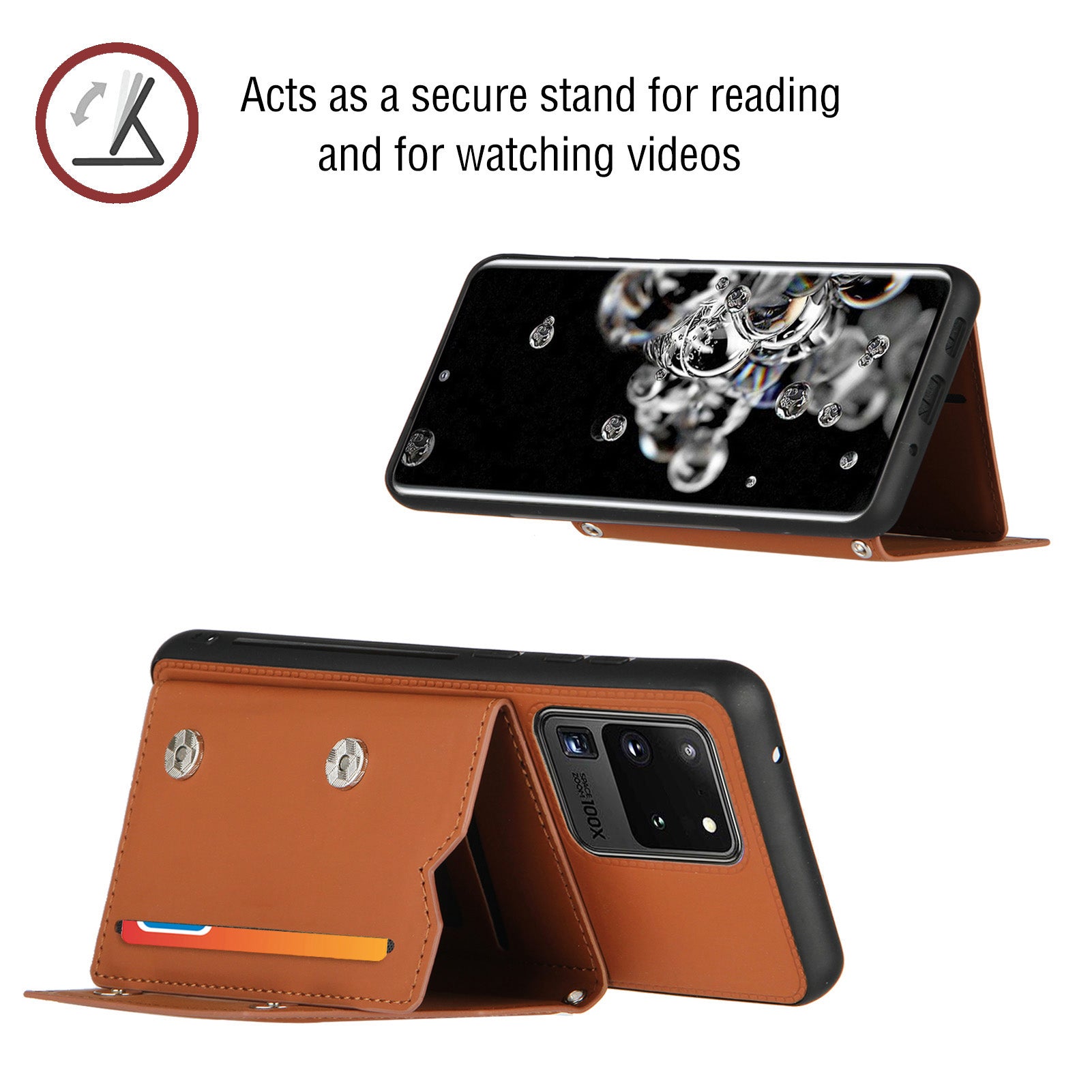 Stand Card Holder Rubberized Leather Skin TPU Phone Case for Samsung Galaxy S20 Ultra - Brown