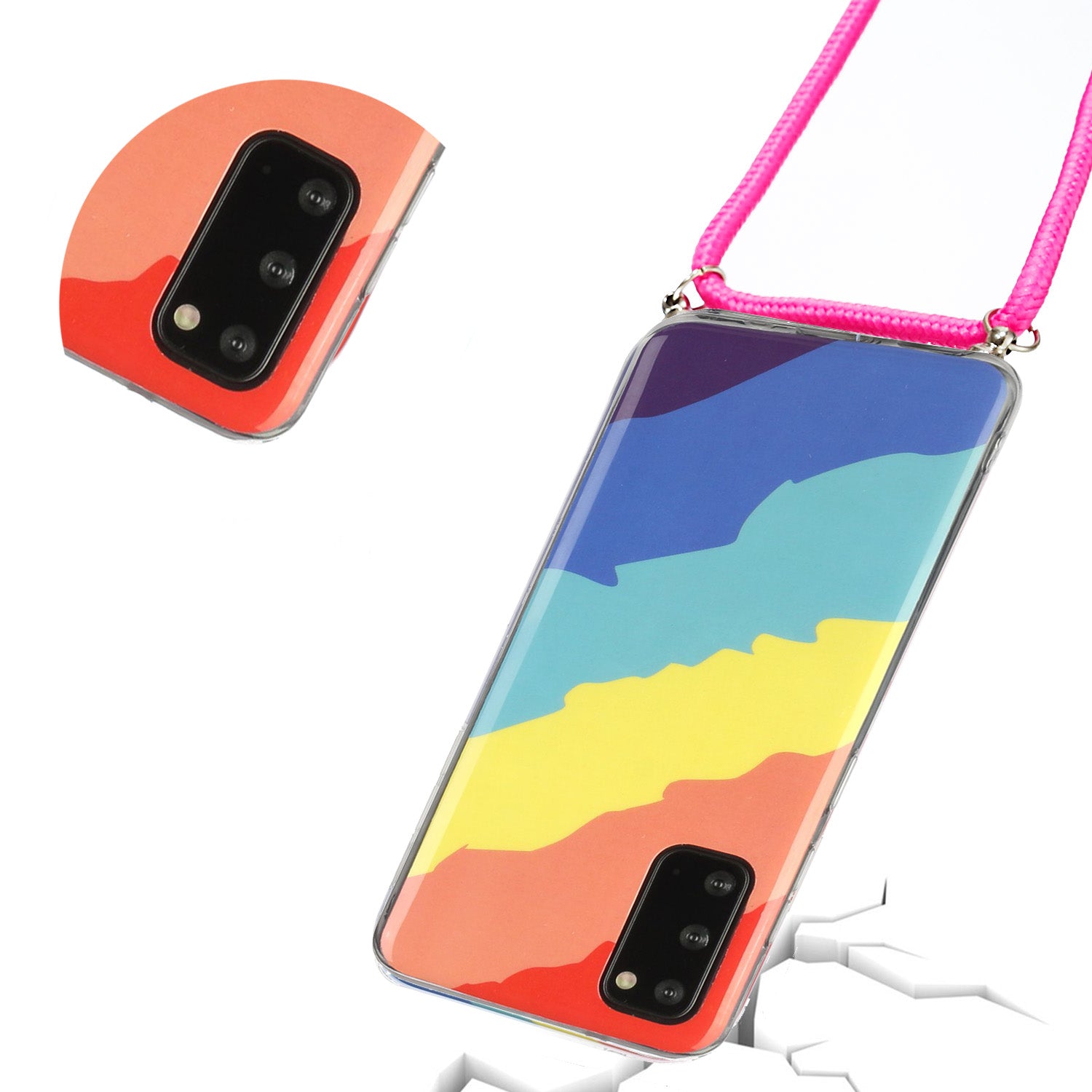 Rainbow Pattern IMD Anti-drop TPU Protective Cover with 60 Inches Strap for Samsung Galaxy S20 4G/S20 5G - Twill Rainbow