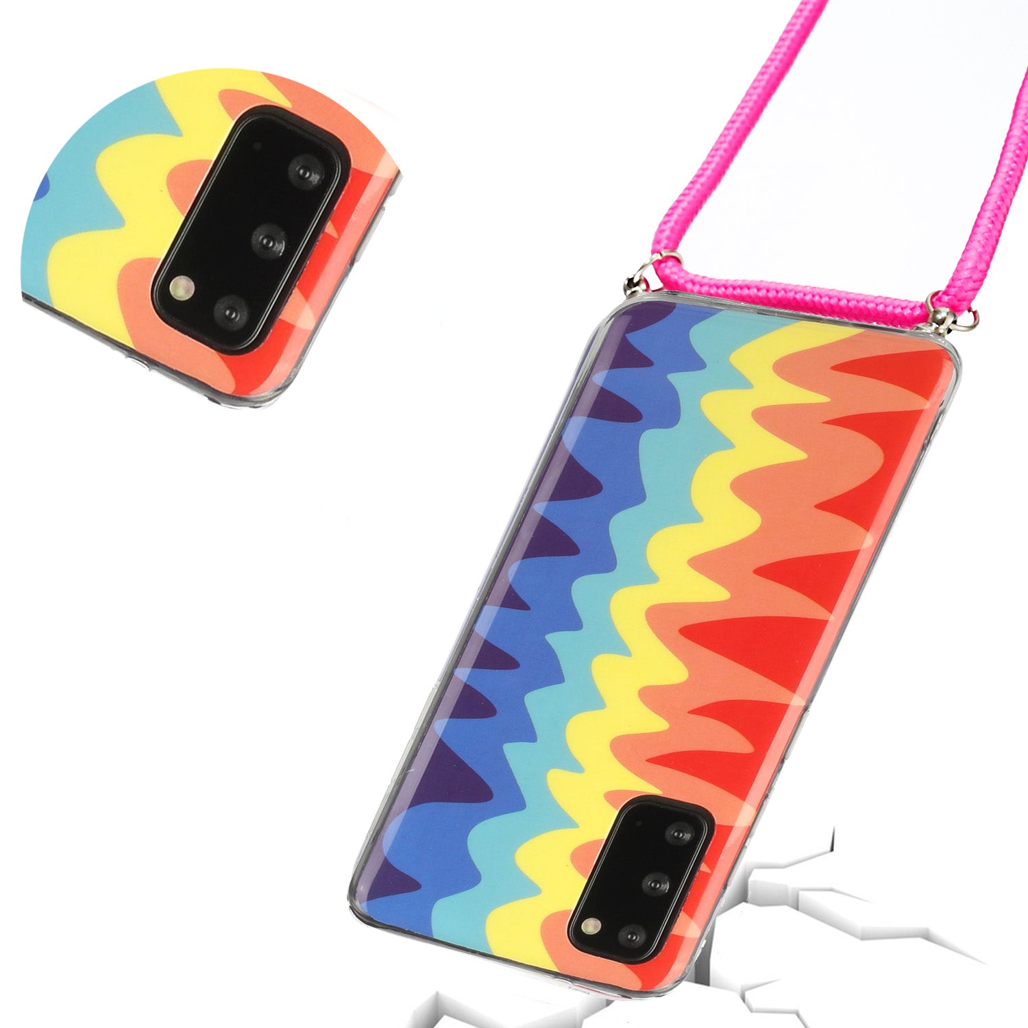 Rainbow Pattern IMD Anti-drop TPU Protective Cover with 60 Inches Strap for Samsung Galaxy S20 4G/S20 5G - Wave Rainbow