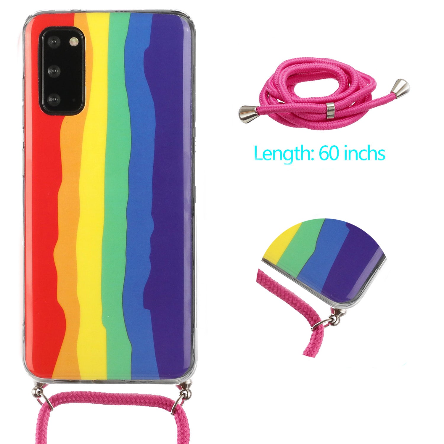 Rainbow Pattern IMD Anti-drop TPU Protective Cover with 60 Inches Strap for Samsung Galaxy S20 4G/S20 5G - Red and Blue