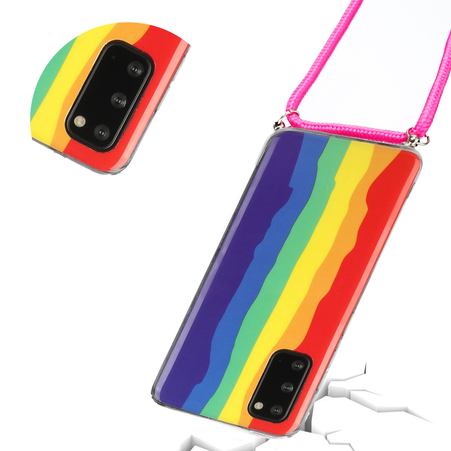 Rainbow Pattern IMD Anti-drop TPU Protective Cover with 60 Inches Strap for Samsung Galaxy S20 4G/S20 5G - Red and Blue