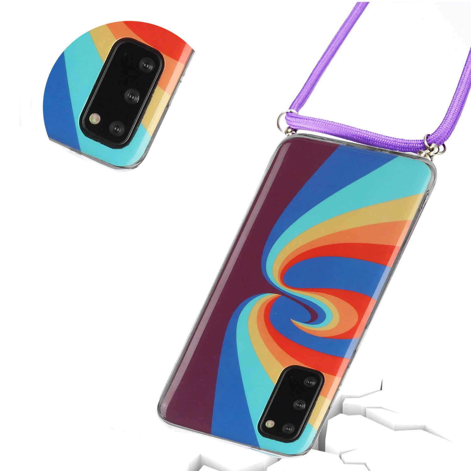 Rainbow Pattern IMD Anti-drop TPU Protective Cover with 60 Inches Strap for Samsung Galaxy S20 4G/S20 5G - Swirl Rainbow