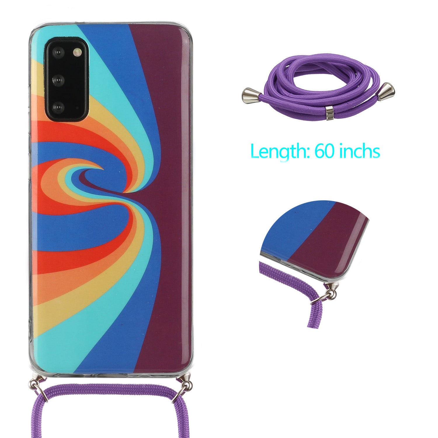 Anti-drop Rainbow Pattern IMD Soft TPU Protective Cover with 60 Inches Strap for Samsung Galaxy S20 FE/S20 FE 5G - Swirl Rainbow