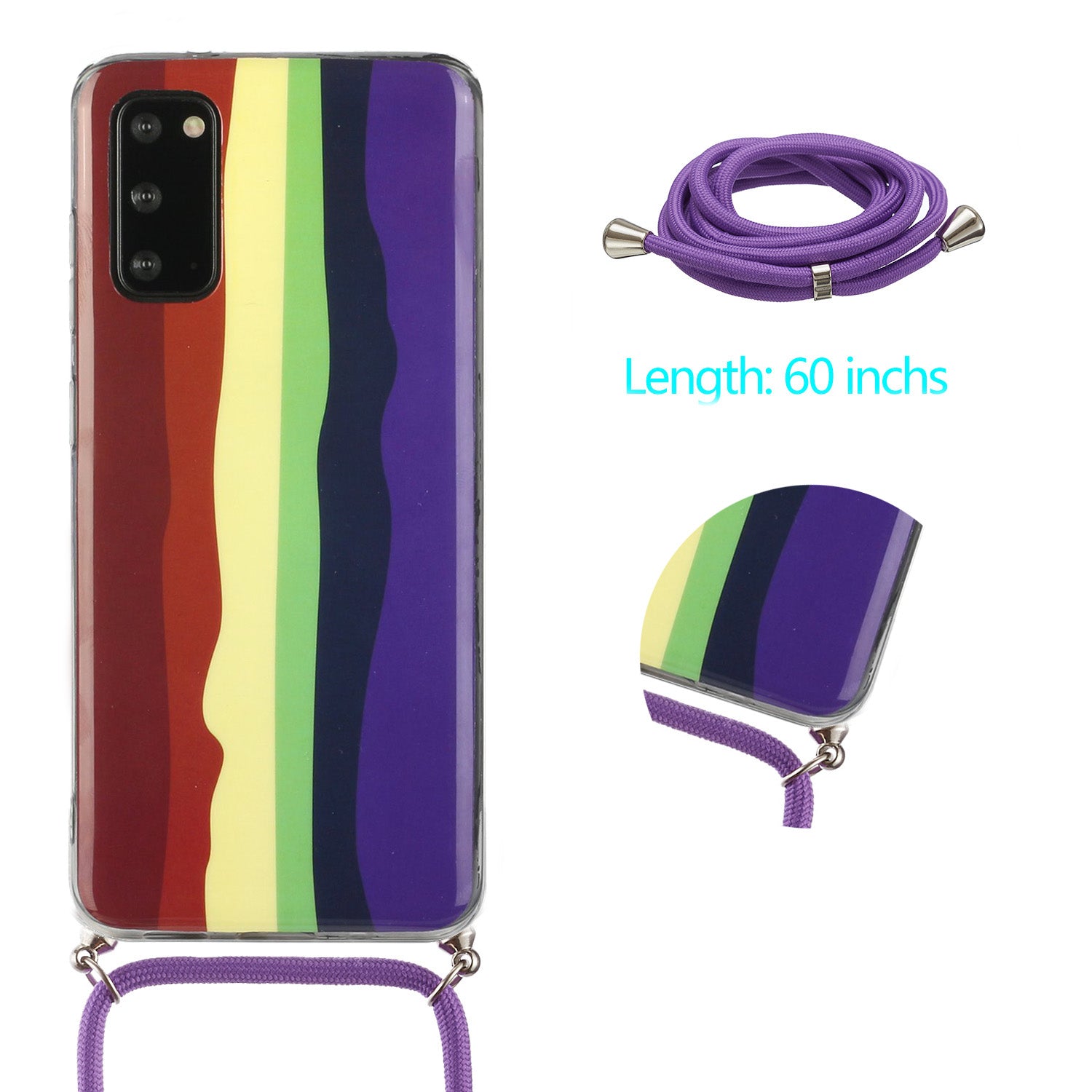 Anti-drop Rainbow Pattern IMD Soft TPU Protective Cover with 60 Inches Strap for Samsung Galaxy S20 FE/S20 FE 5G - Wine Red and Dark Blue