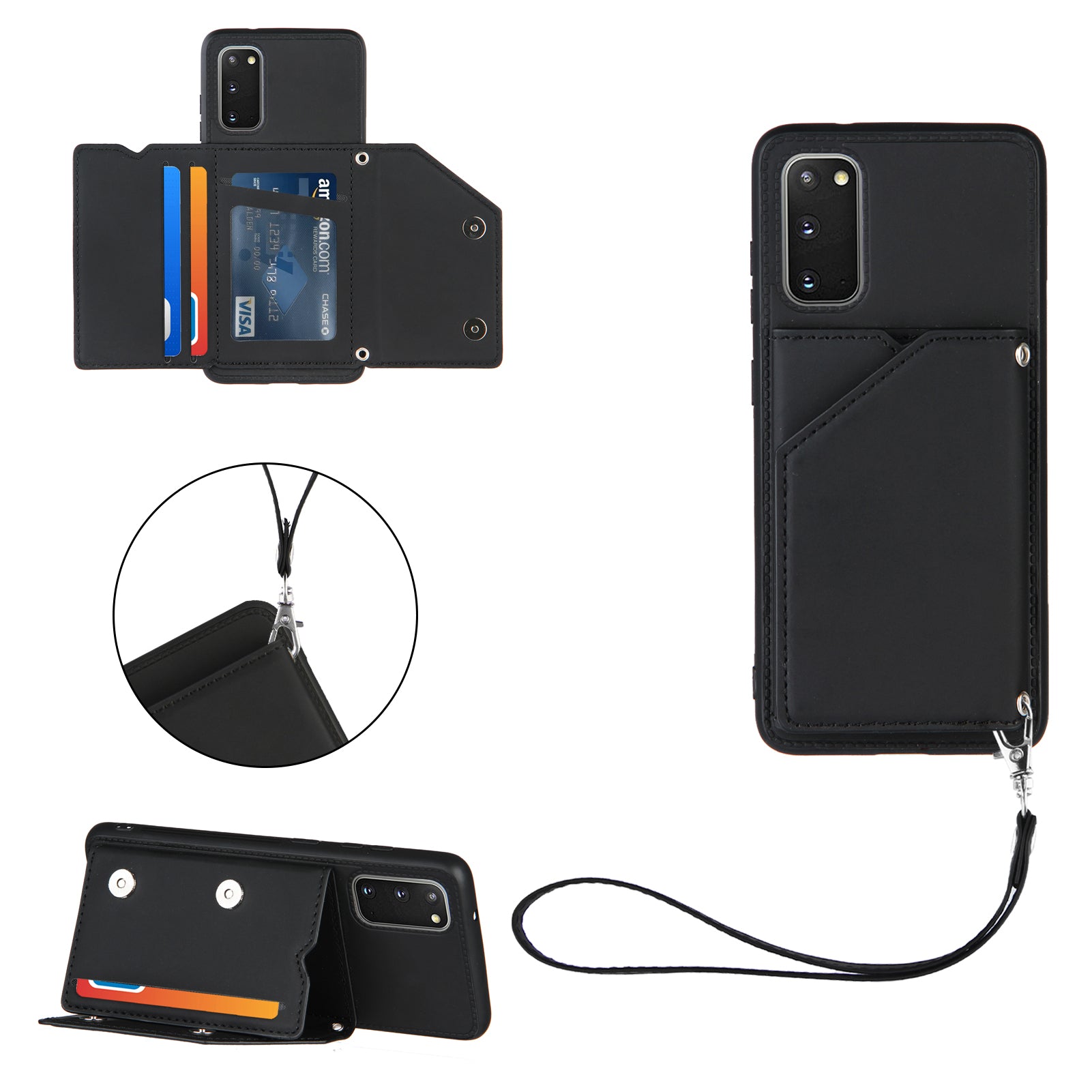 Rubberized Leather Skin Card Holder Design TPU Phone Case with Kickstand for Samsung Galaxy S20 4G/S20 5G - Black