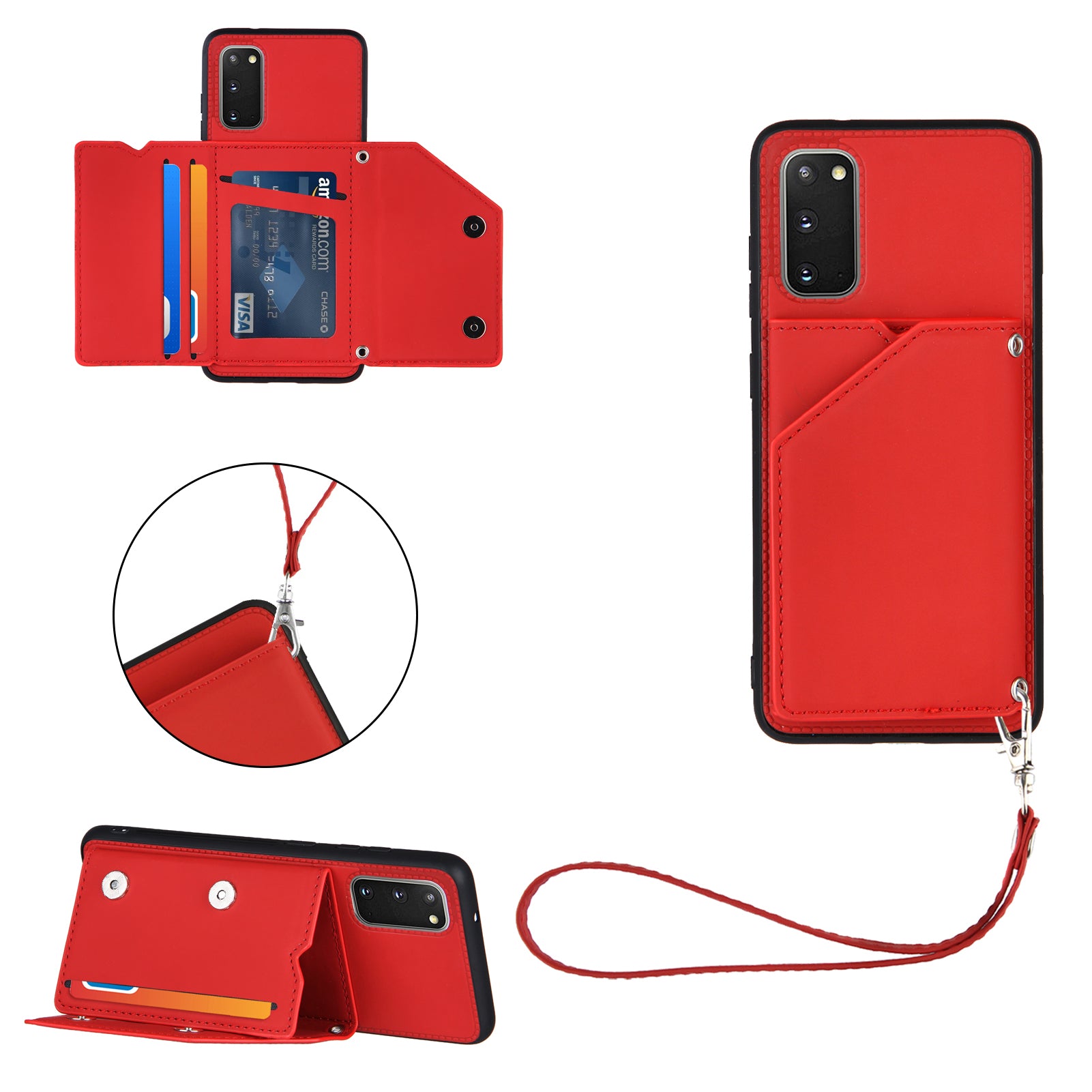 Rubberized Leather Skin Card Holder Design TPU Phone Case with Kickstand for Samsung Galaxy S20 4G/S20 5G - Red