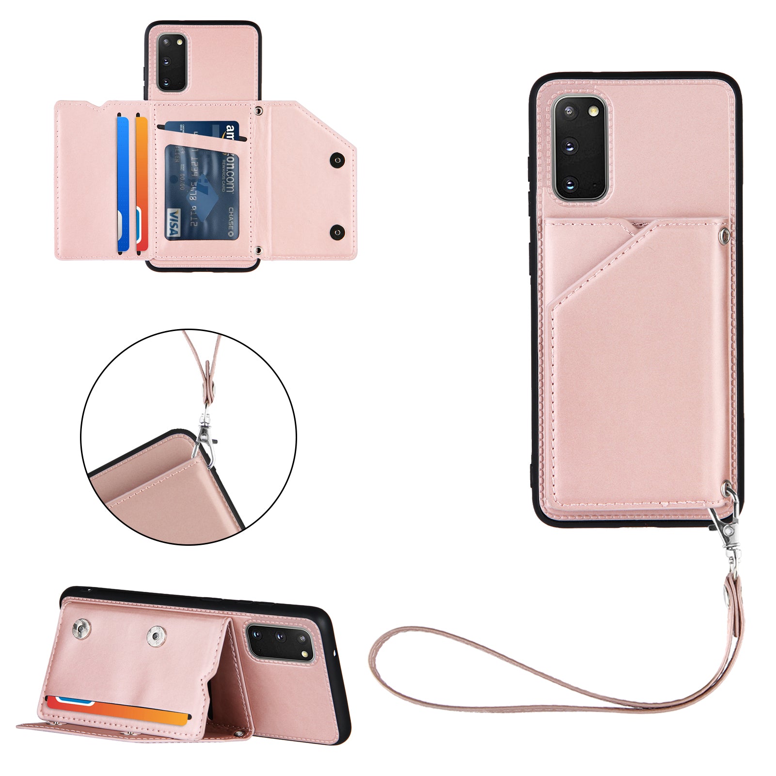 Rubberized Leather Skin Card Holder Design TPU Phone Case with Kickstand for Samsung Galaxy S20 4G/S20 5G - Rose Gold