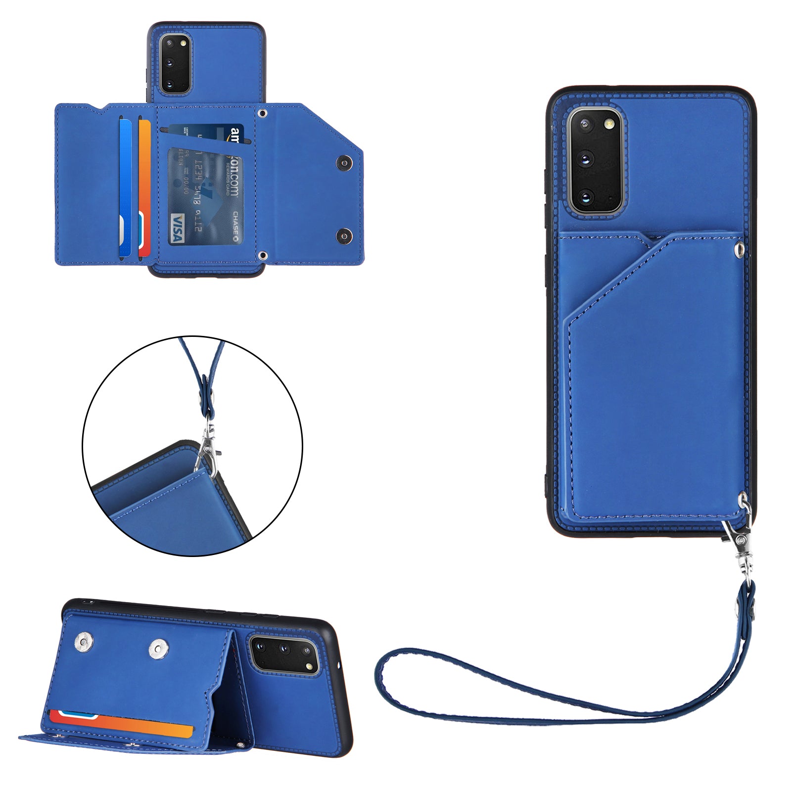 Rubberized Leather Skin Card Holder Design TPU Phone Case with Kickstand for Samsung Galaxy S20 4G/S20 5G - Blue