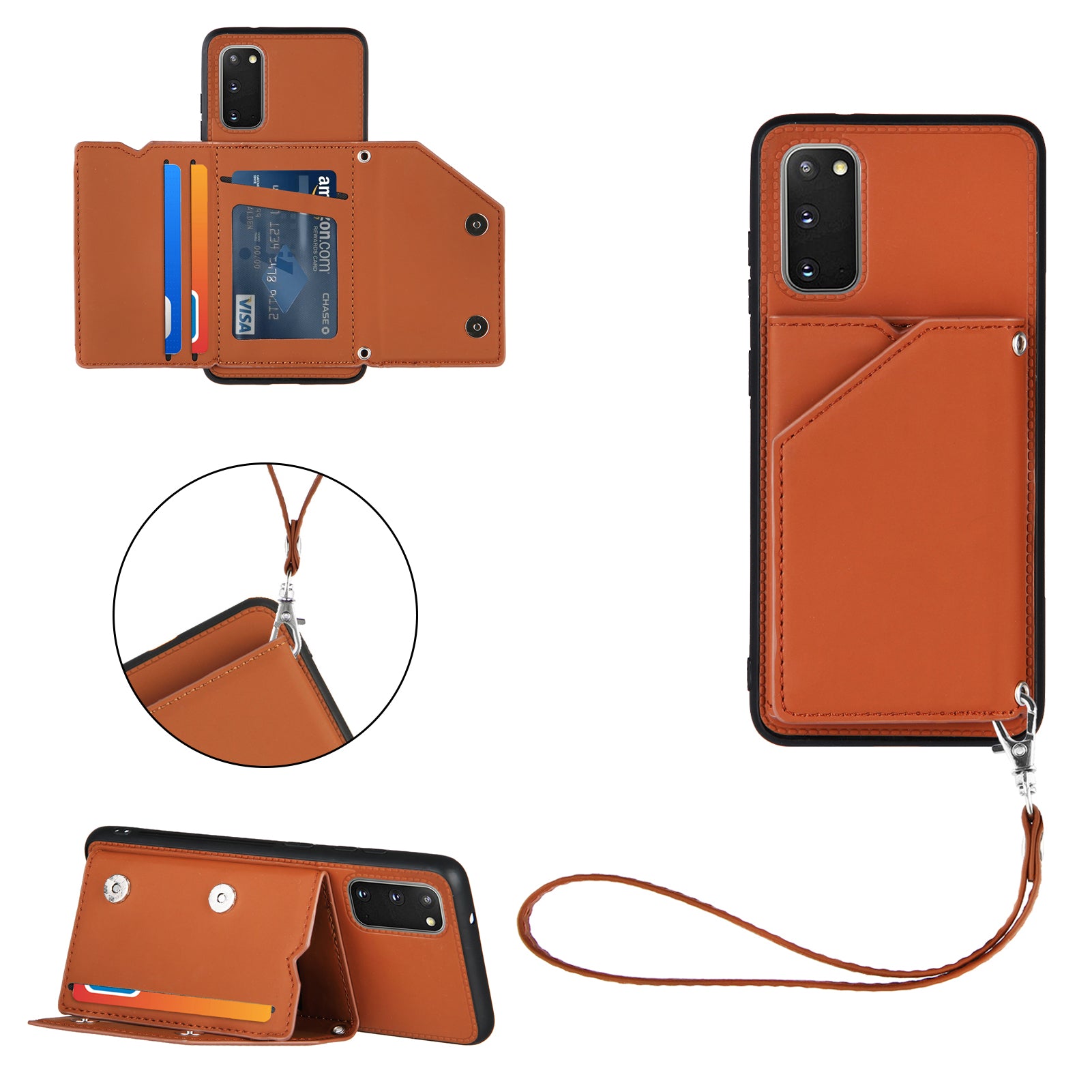 Rubberized Leather Skin Card Holder Design TPU Phone Case with Kickstand for Samsung Galaxy S20 4G/S20 5G - Brown