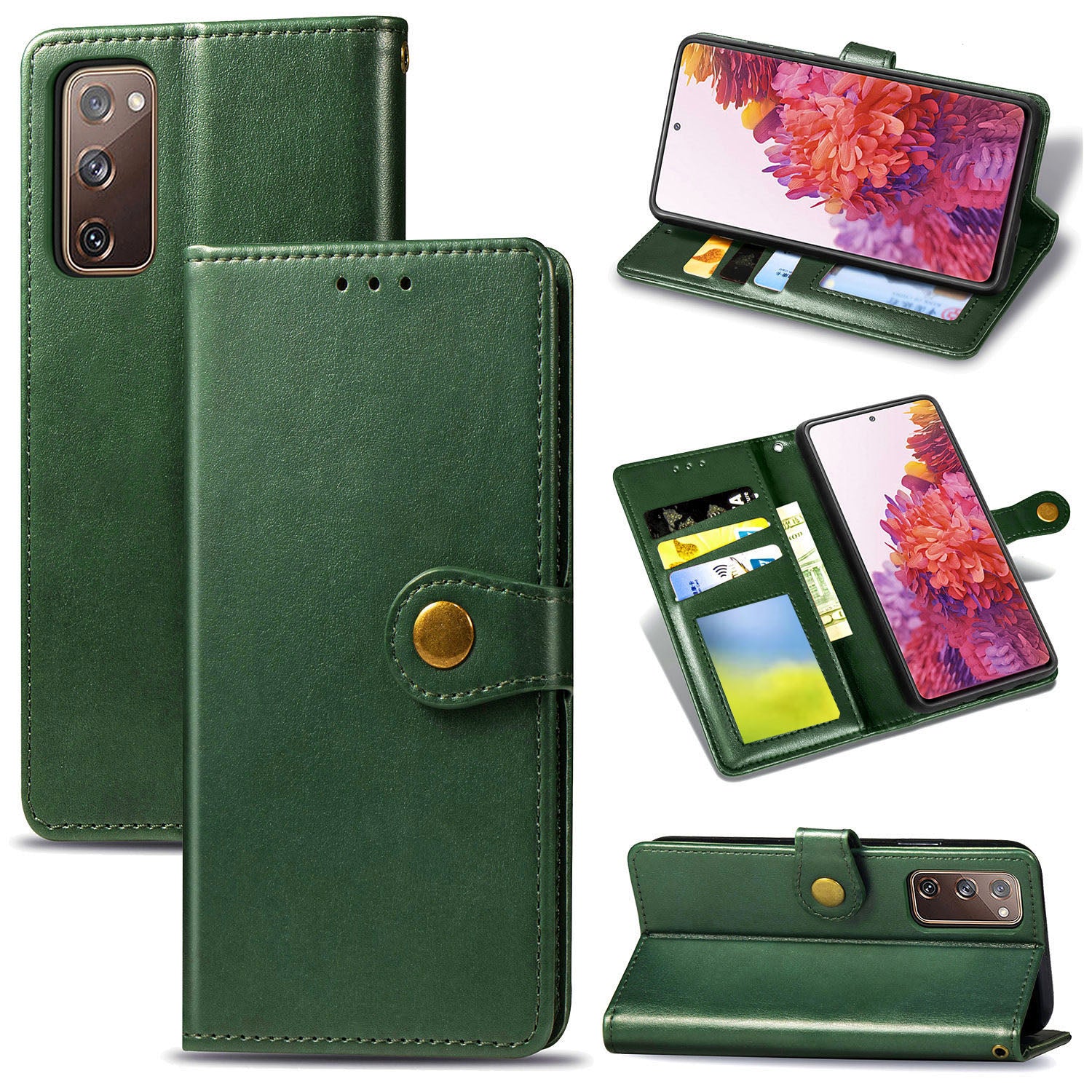 Solid Color Wallet Stand Leather Phone Shell for Samsung Galaxy S20 FE 4G/FE 5G/S20 Lite/S20 FE 2022  - Blackish Green