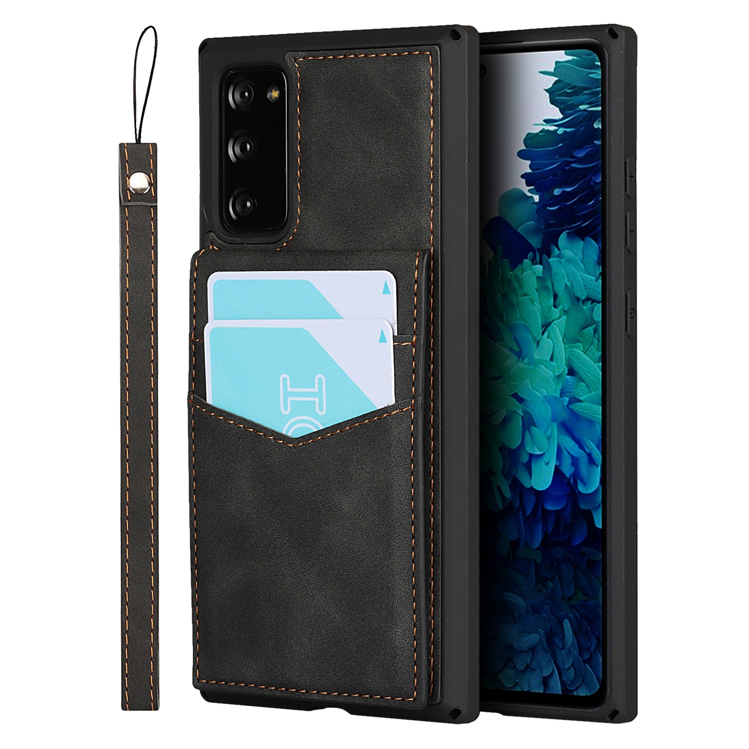 Skin-Touch PU Leather Coated TPU Kickstand Card Slot Design Phone Case with Strap for Samsung Galaxy S20 FE/S20 Fan Edition/S20 FE 5G/S20 Fan Edition 5G - Black