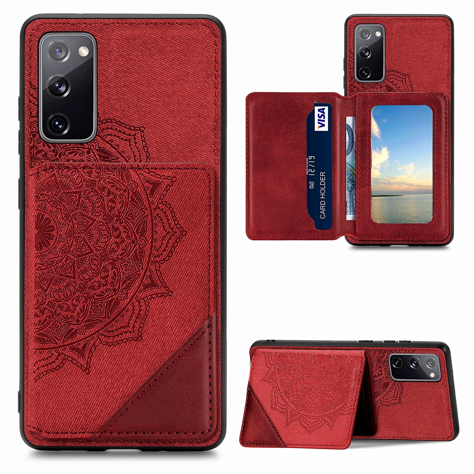 Mandala Flower Pattern PU Leather+TPU Flip Wallet Phone Case for Samsung Galaxy S20 FE 4G/FE 5G/S20 Lite/S20 FE 2022  - Red