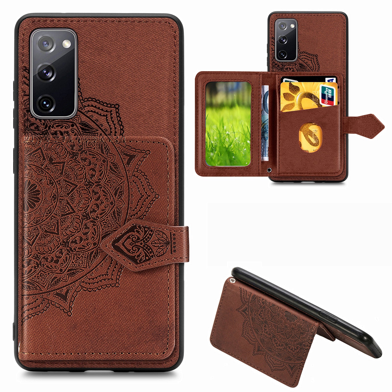 Card Slot Design PU Leather Coated TPU Phone Case with Kickstand and Strap for Samsung Galaxy S20 FE 4G/FE 5G/S20 Lite/S20 FE 2022  - Brown