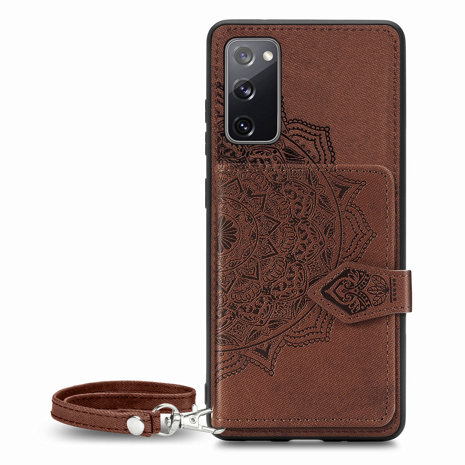 Card Slot Design PU Leather Coated TPU Phone Case with Kickstand and Strap for Samsung Galaxy S20 FE 4G/FE 5G/S20 Lite/S20 FE 2022  - Brown