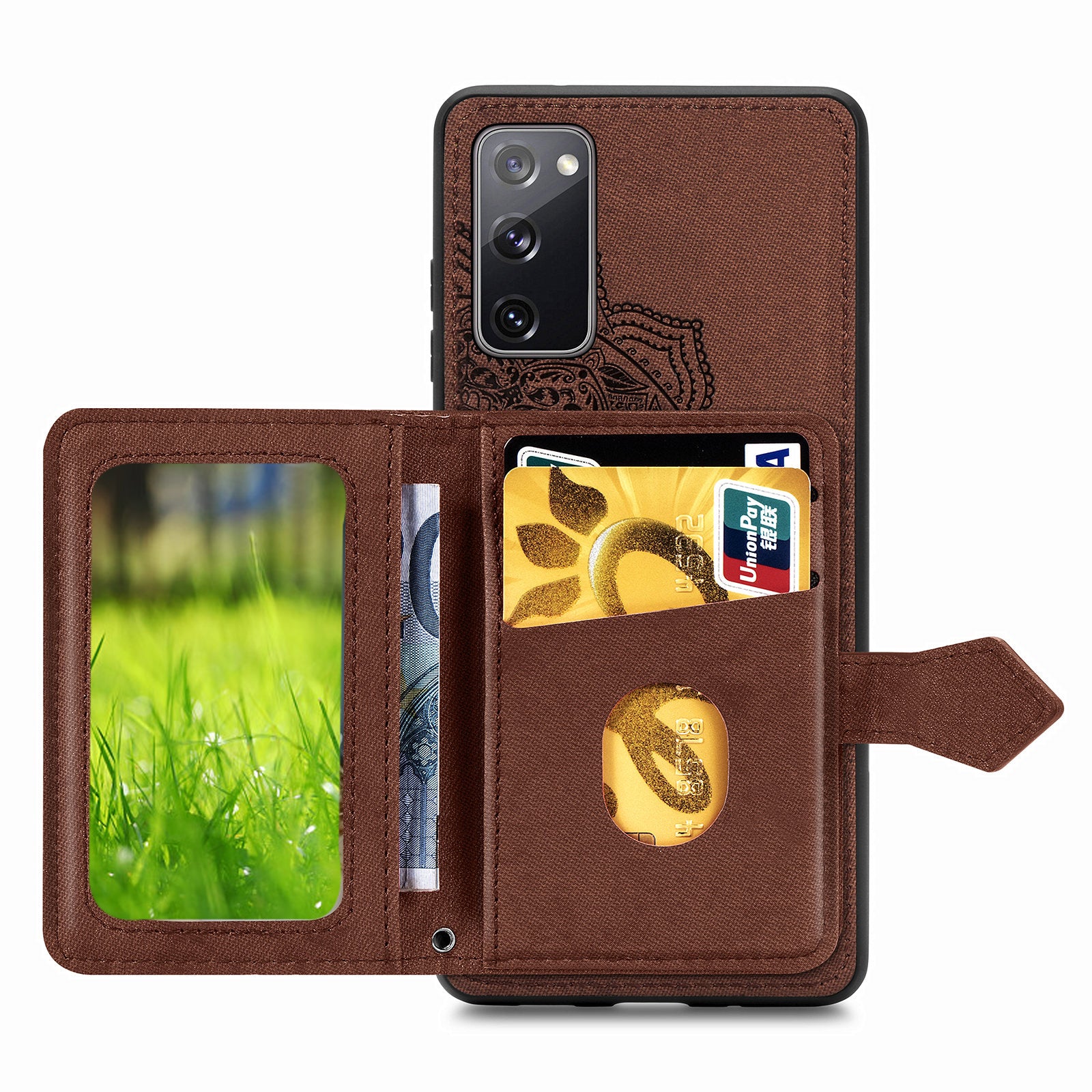 Card Slot Design PU Leather Coated TPU Phone Case with Kickstand and Strap for Samsung Galaxy S20 FE 4G/FE 5G/S20 Lite/S20 FE 2022  - Brown