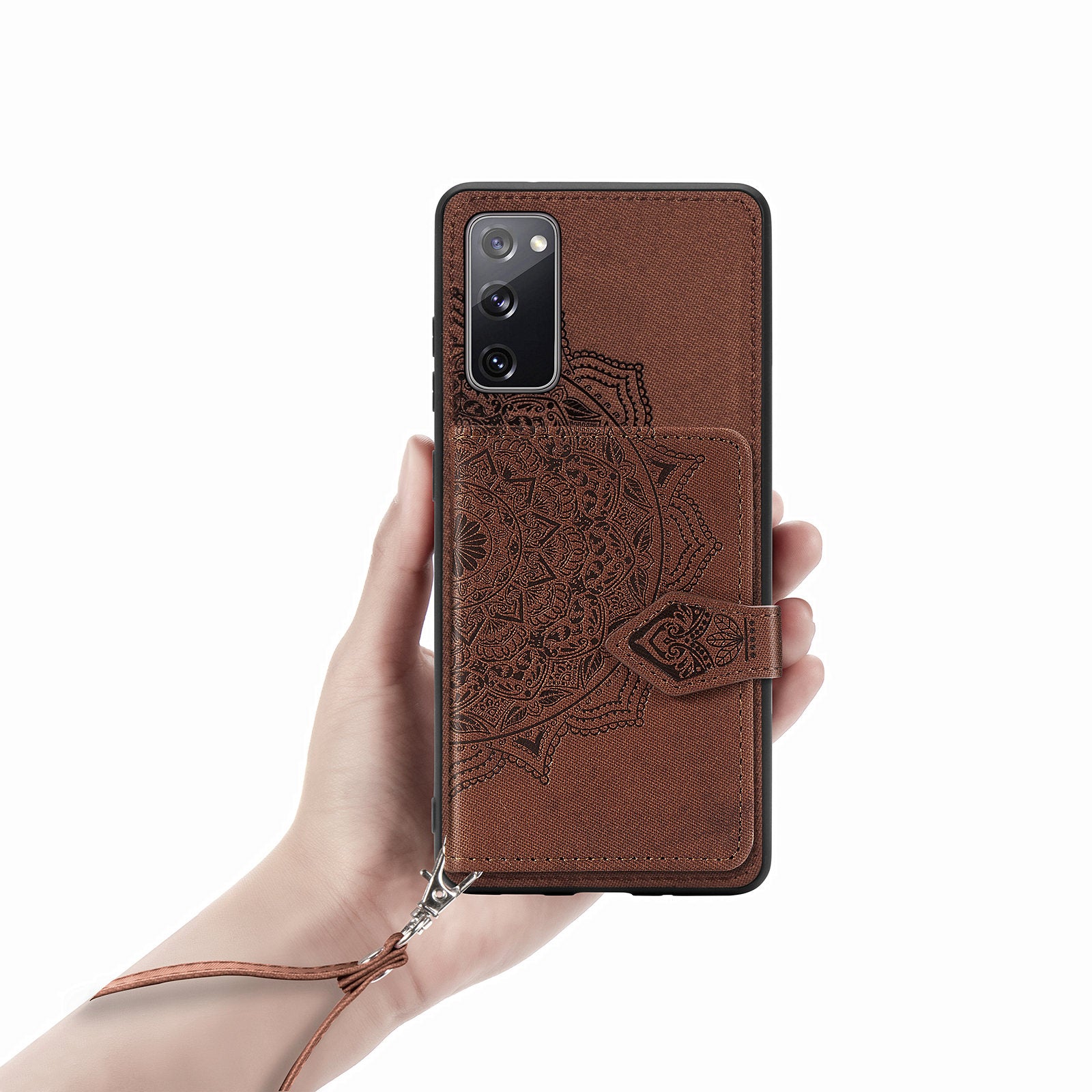 Card Slot Design PU Leather Coated TPU Phone Case with Kickstand and Strap for Samsung Galaxy S20 FE 4G/FE 5G/S20 Lite/S20 FE 2022  - Brown