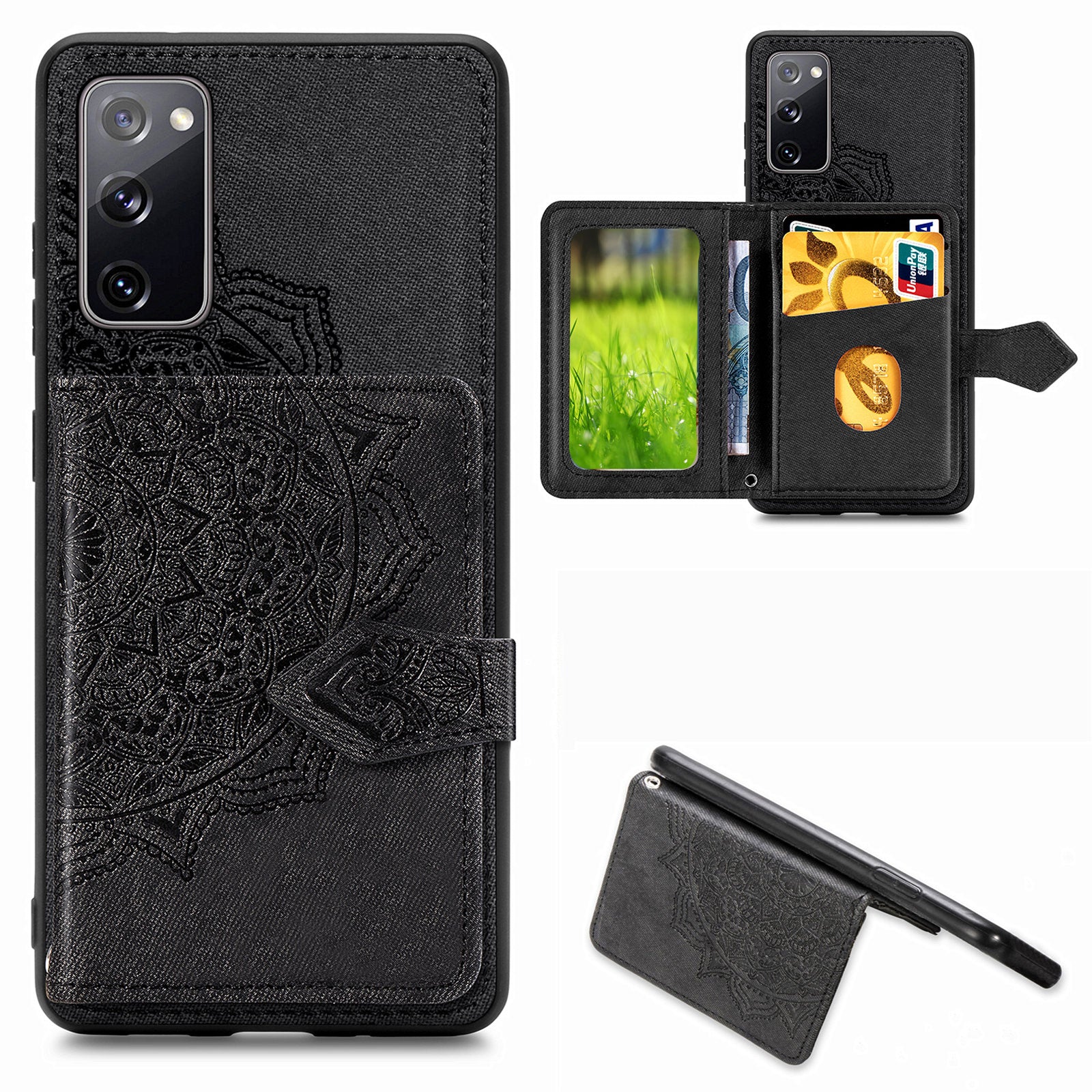 Card Slot Design PU Leather Coated TPU Phone Case with Kickstand and Strap for Samsung Galaxy S20 FE 4G/FE 5G/S20 Lite/S20 FE 2022  - Black