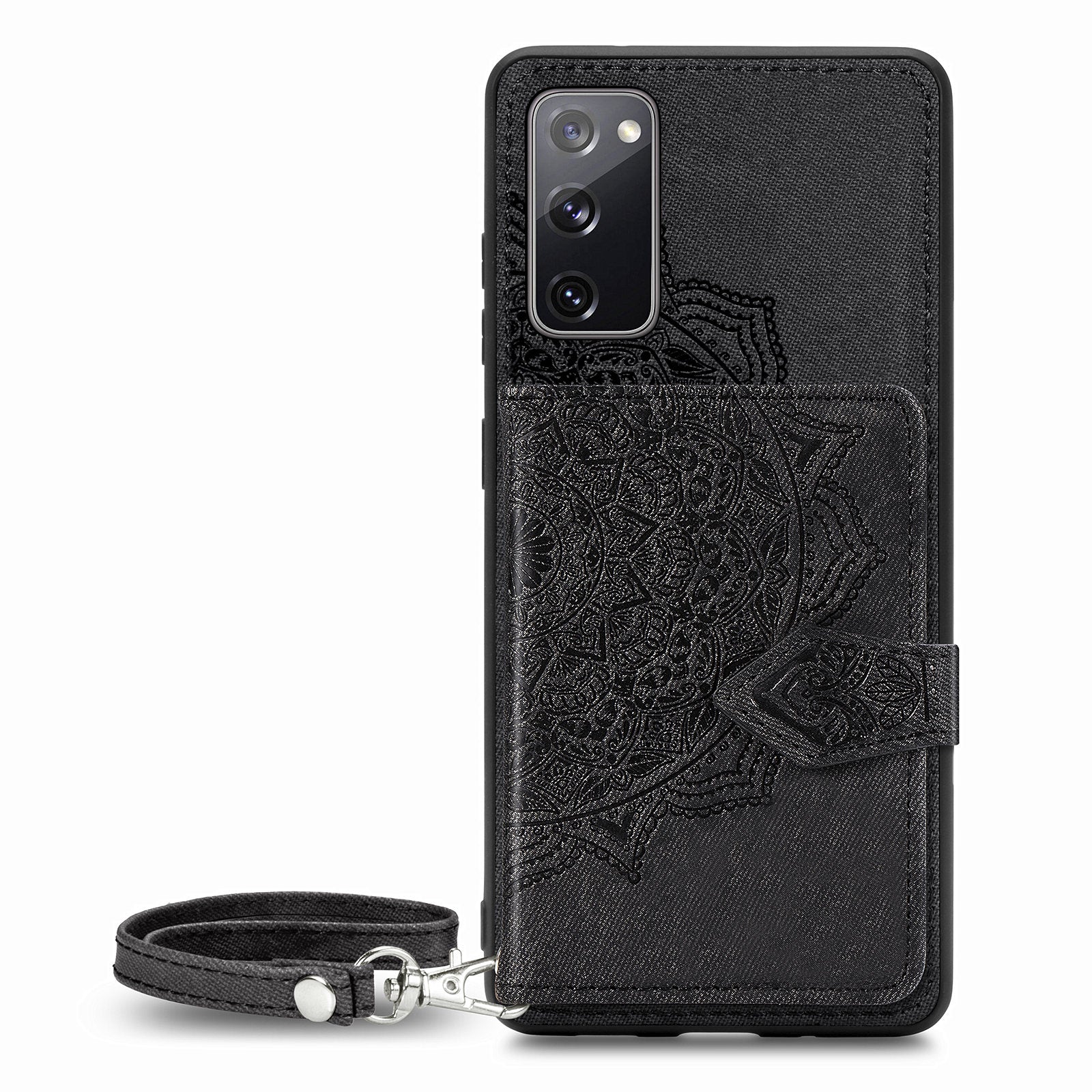 Card Slot Design PU Leather Coated TPU Phone Case with Kickstand and Strap for Samsung Galaxy S20 FE 4G/FE 5G/S20 Lite/S20 FE 2022  - Black