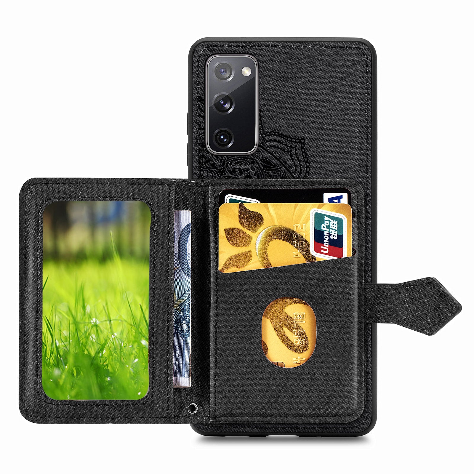 Card Slot Design PU Leather Coated TPU Phone Case with Kickstand and Strap for Samsung Galaxy S20 FE 4G/FE 5G/S20 Lite/S20 FE 2022  - Black