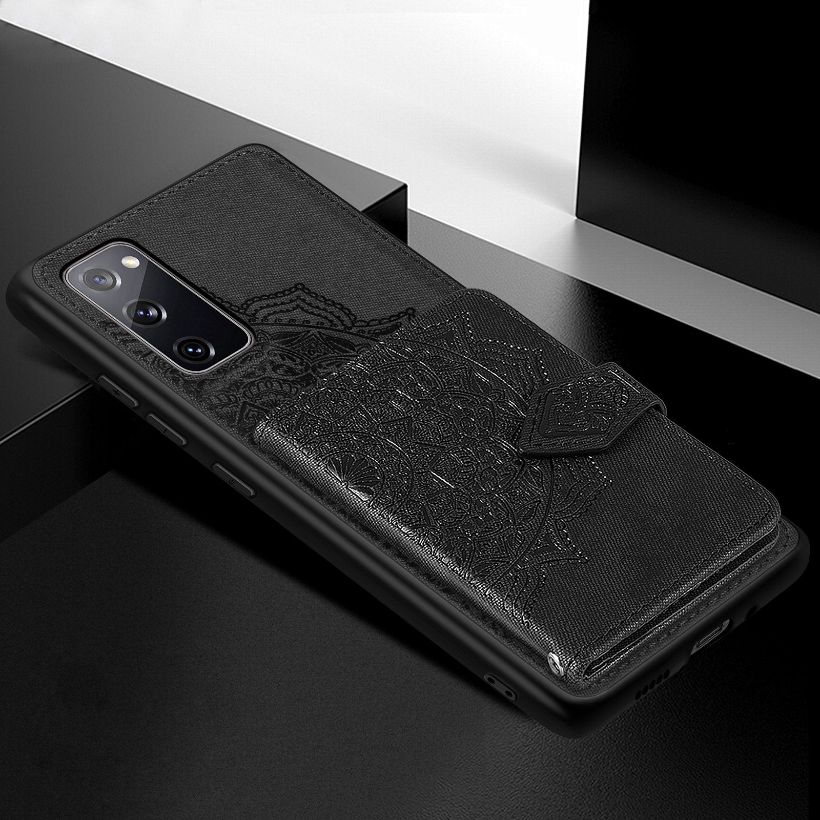 Card Slot Design PU Leather Coated TPU Phone Case with Kickstand and Strap for Samsung Galaxy S20 FE 4G/FE 5G/S20 Lite/S20 FE 2022  - Black