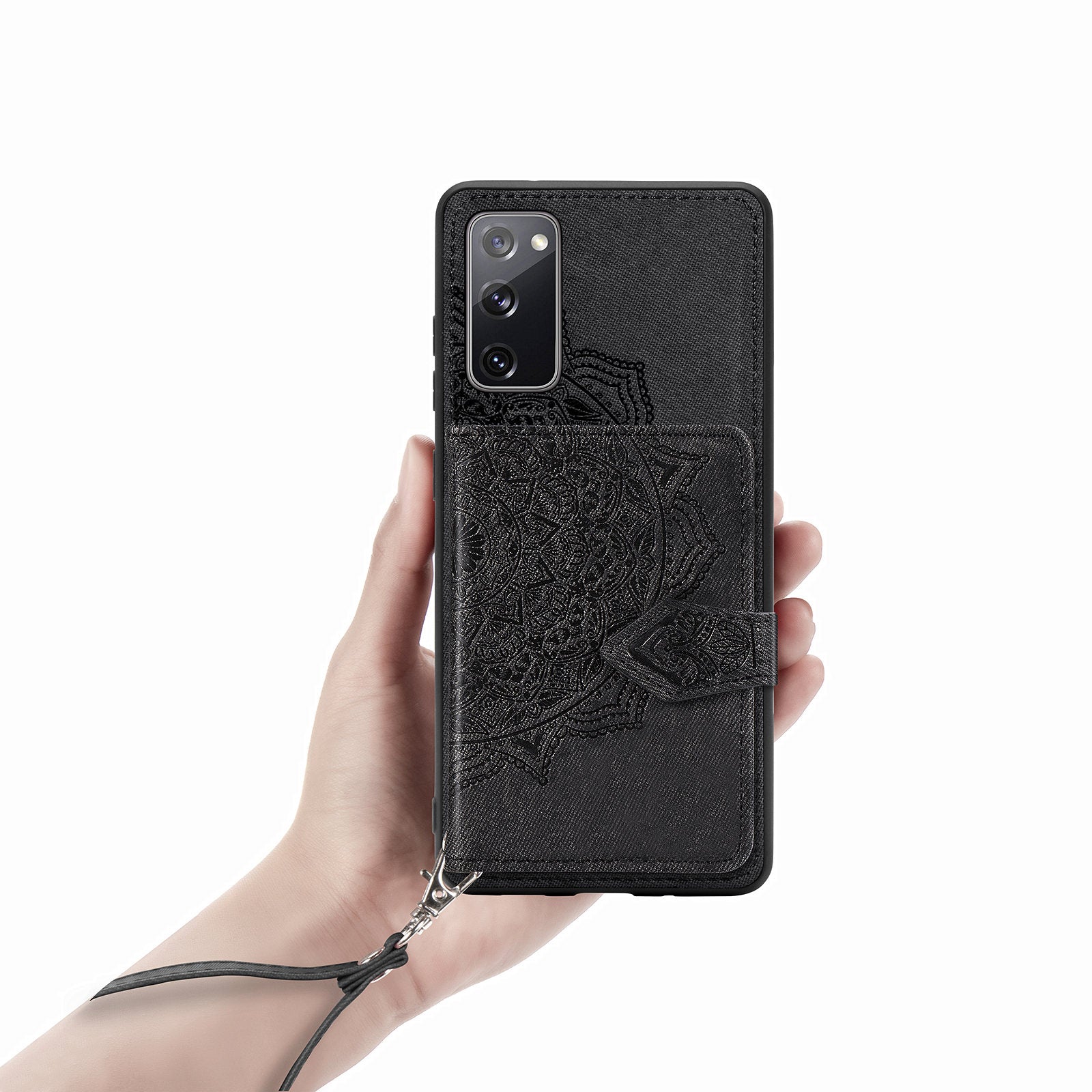 Card Slot Design PU Leather Coated TPU Phone Case with Kickstand and Strap for Samsung Galaxy S20 FE 4G/FE 5G/S20 Lite/S20 FE 2022  - Black