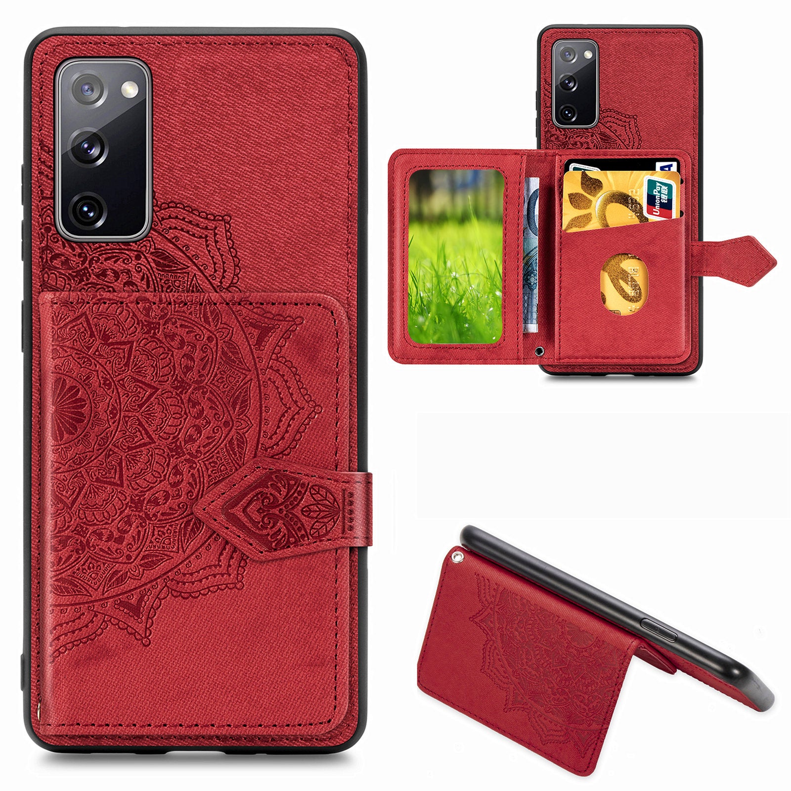 Card Slot Design PU Leather Coated TPU Phone Case with Kickstand and Strap for Samsung Galaxy S20 FE 4G/FE 5G/S20 Lite/S20 FE 2022  - Red