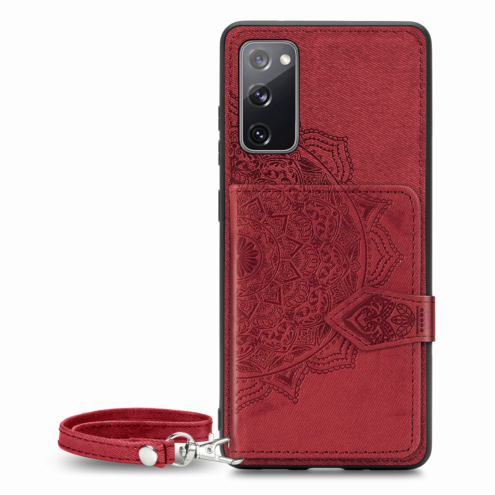 Card Slot Design PU Leather Coated TPU Phone Case with Kickstand and Strap for Samsung Galaxy S20 FE 4G/FE 5G/S20 Lite/S20 FE 2022  - Red