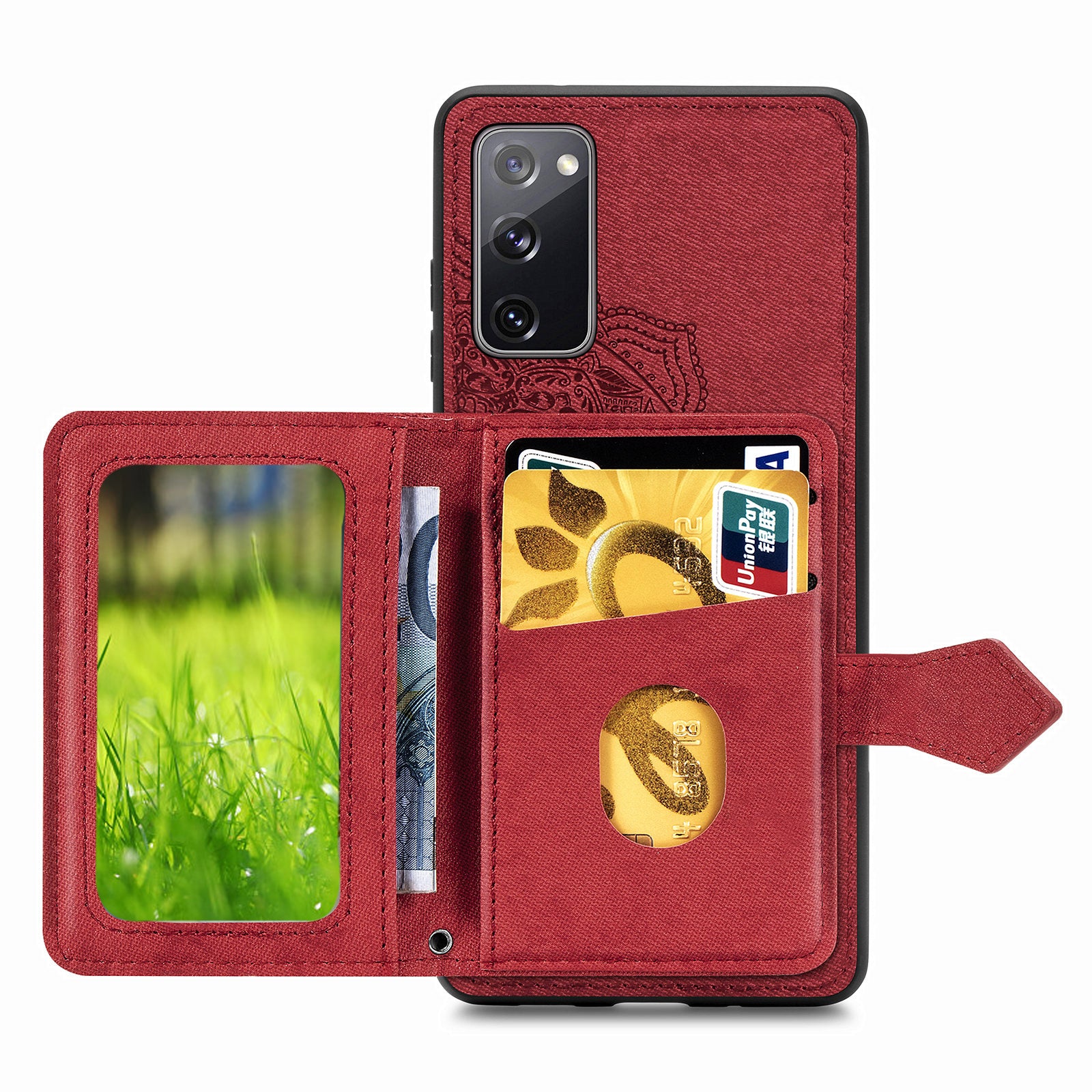 Card Slot Design PU Leather Coated TPU Phone Case with Kickstand and Strap for Samsung Galaxy S20 FE 4G/FE 5G/S20 Lite/S20 FE 2022  - Red