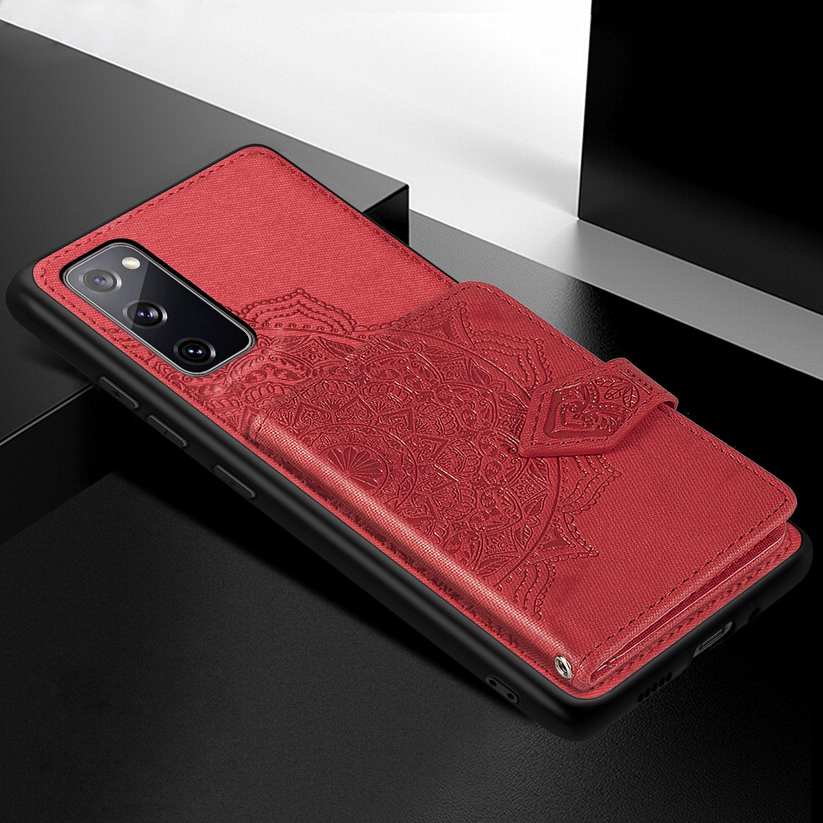 Card Slot Design PU Leather Coated TPU Phone Case with Kickstand and Strap for Samsung Galaxy S20 FE 4G/FE 5G/S20 Lite/S20 FE 2022  - Red