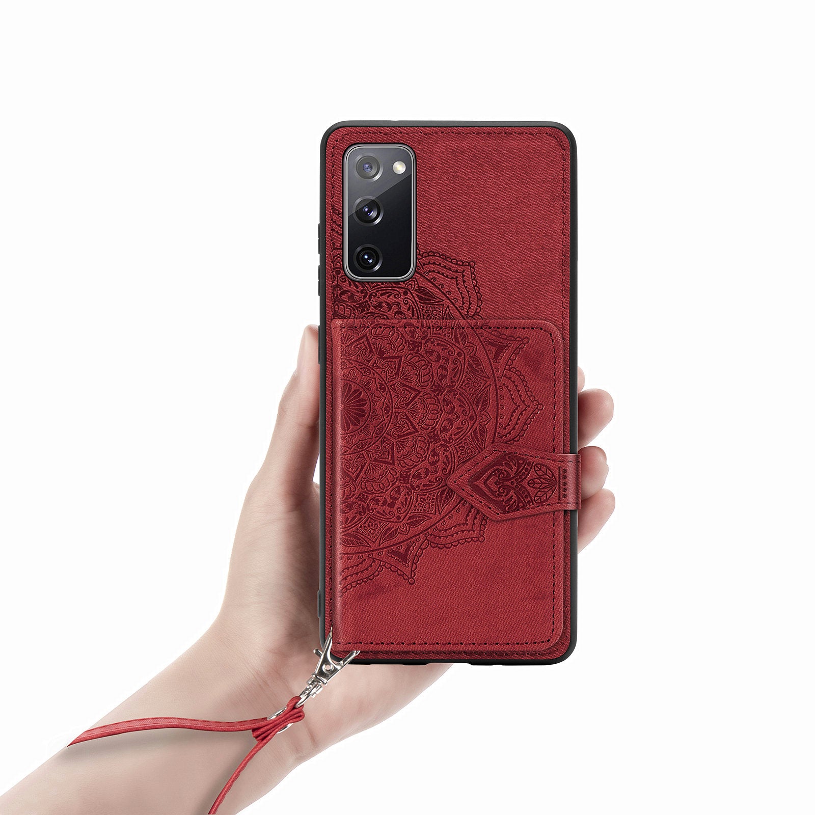 Card Slot Design PU Leather Coated TPU Phone Case with Kickstand and Strap for Samsung Galaxy S20 FE 4G/FE 5G/S20 Lite/S20 FE 2022  - Red