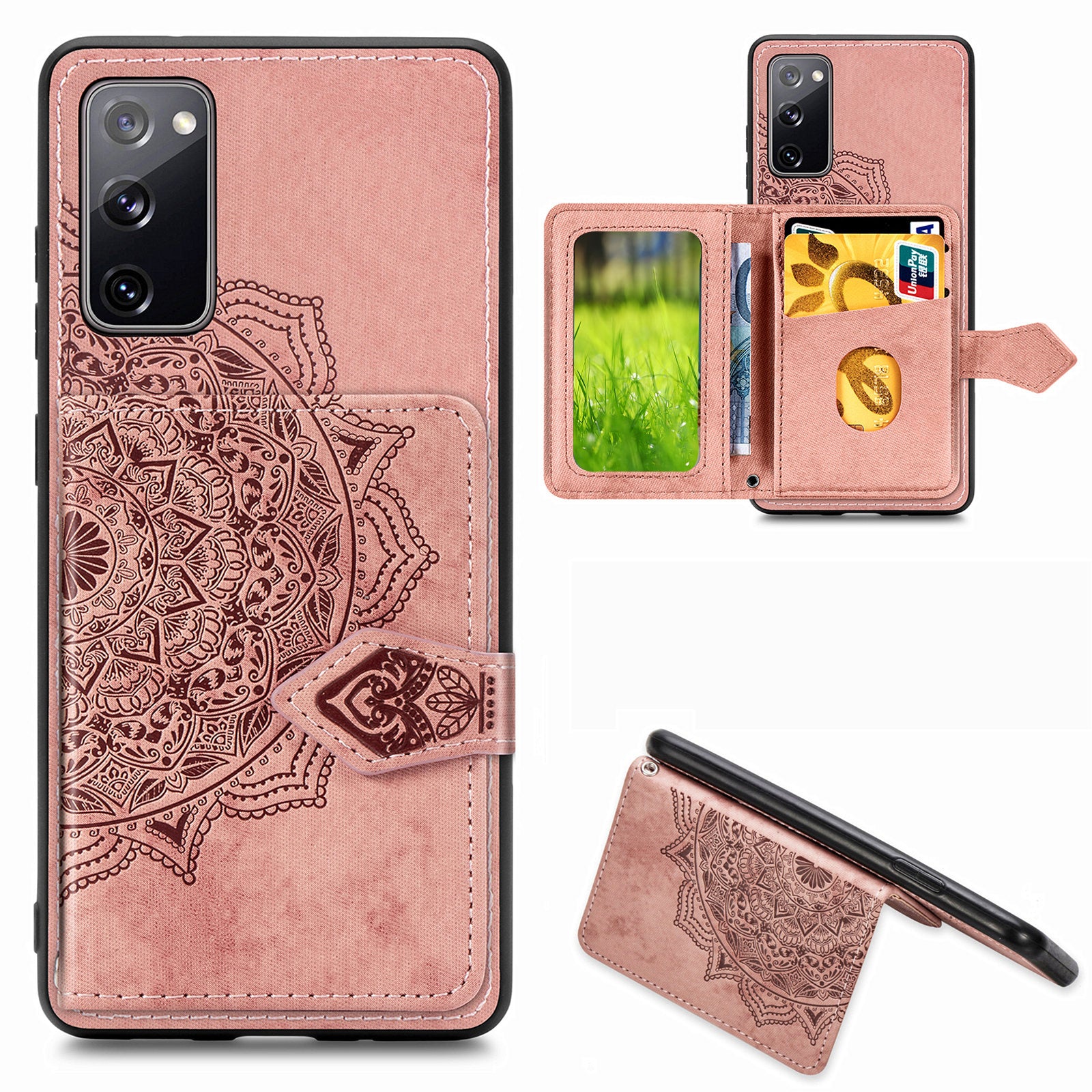 Card Slot Design PU Leather Coated TPU Phone Case with Kickstand and Strap for Samsung Galaxy S20 FE 4G/FE 5G/S20 Lite/S20 FE 2022  - Pink