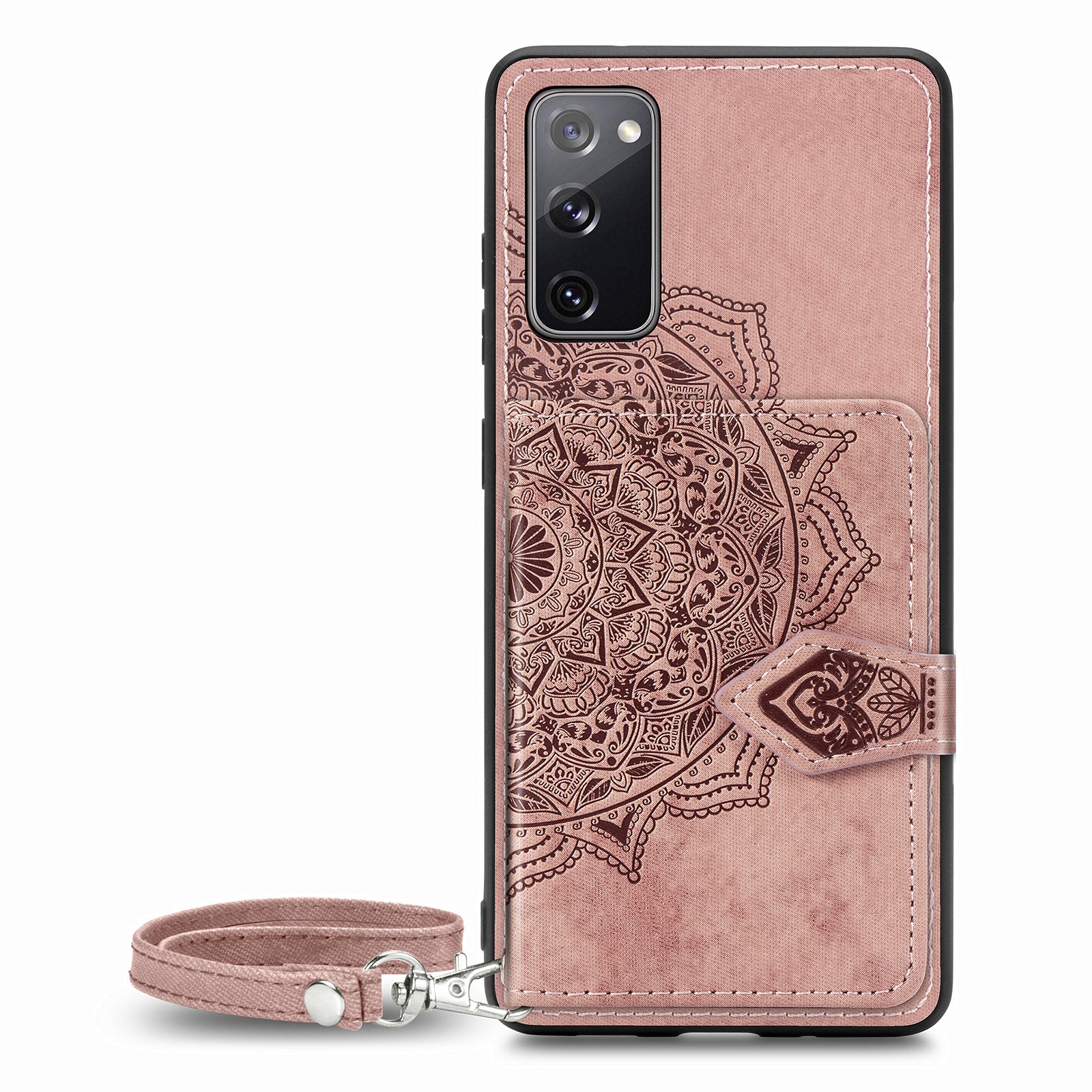 Card Slot Design PU Leather Coated TPU Phone Case with Kickstand and Strap for Samsung Galaxy S20 FE 4G/FE 5G/S20 Lite/S20 FE 2022  - Pink